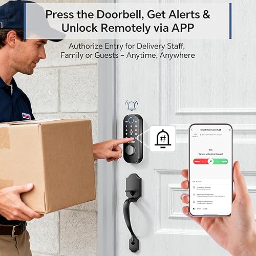 Miniatura 3 de Cerradura inteligente con WiFi y huella digital, cerradura de puerta de entrada sin llave con timbre, control de aplicación, bloqueo automático,