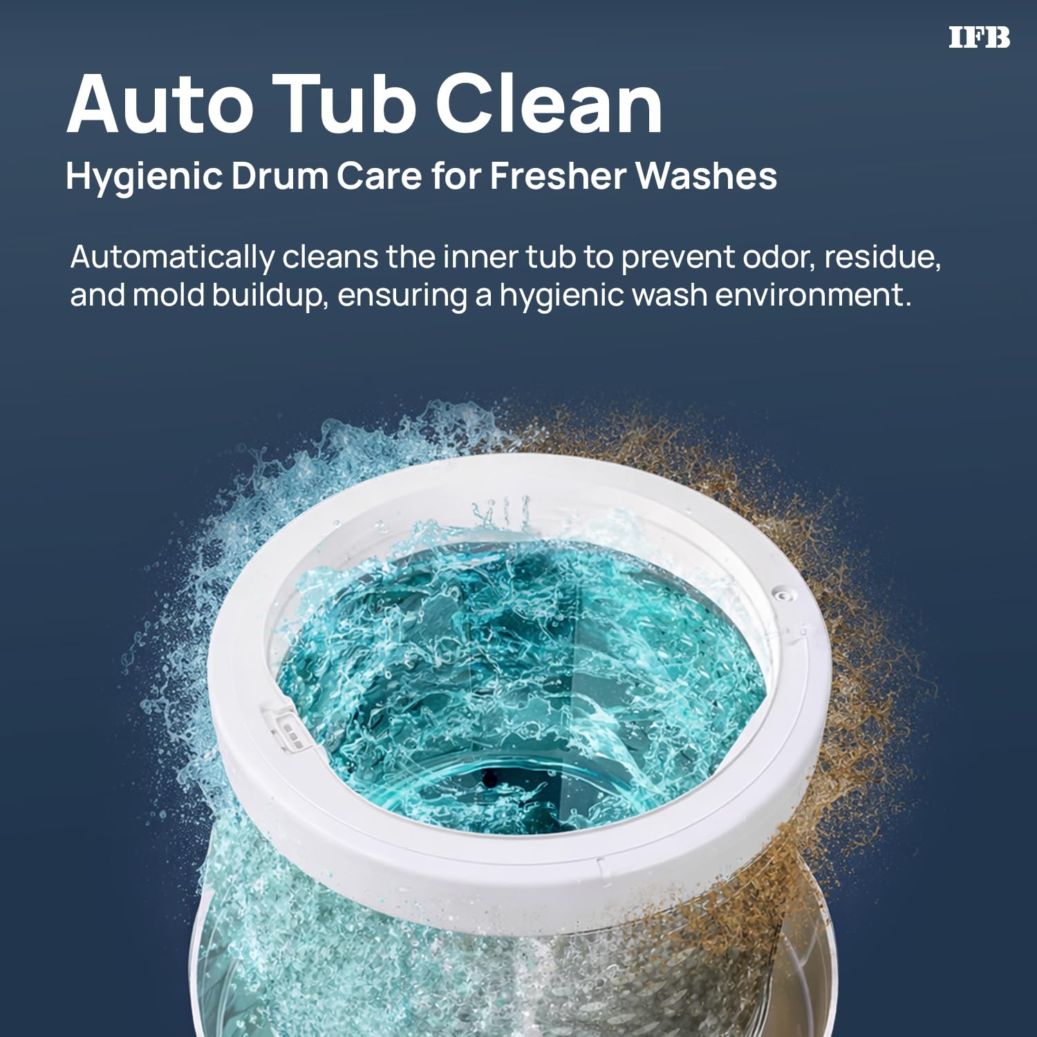 Illustration of the Auto Tub Clean feature, showing water circulating to clean the washing machine drum.