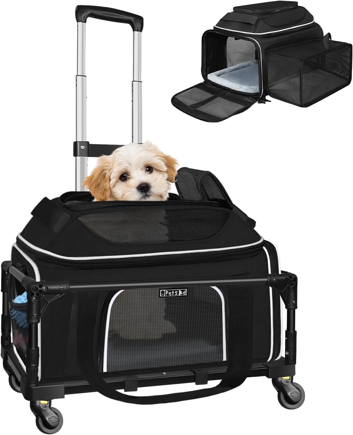 Top & Side Expandable Small Pet Carrier with Wheels Airline Approved | 18"Lx11"Wx11"H, for Delta/United/American Airlines, Pets Under 10 Lbs, Lockable Zippers,Soft-Sided, Anti-Scratch Mesh, Black