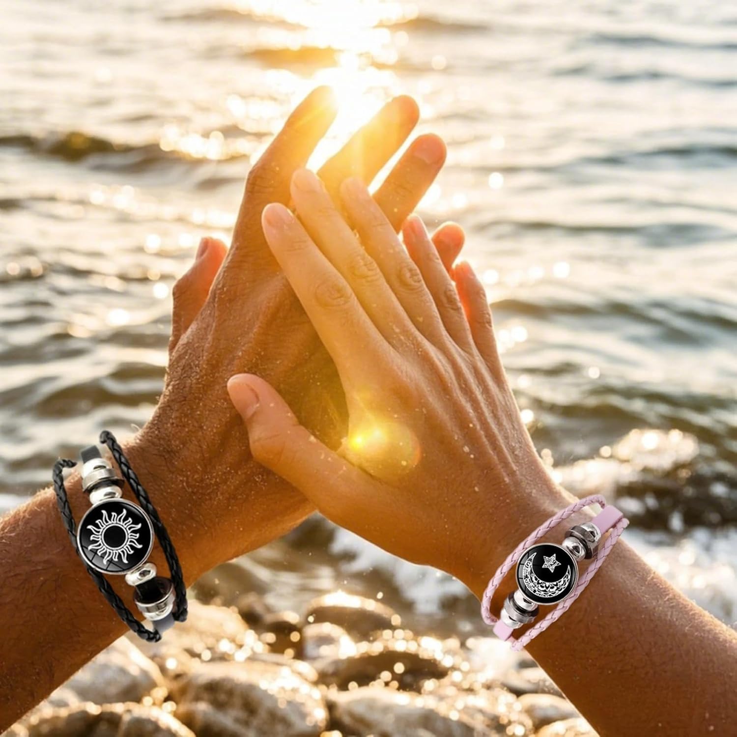 Luminous Sun and Moon Couple Bracelet - Glow in the Dark Matching Braided Leather Jewelry for Couples, Adjustable Long Distance Love Gift for Him & Her (black,pink)