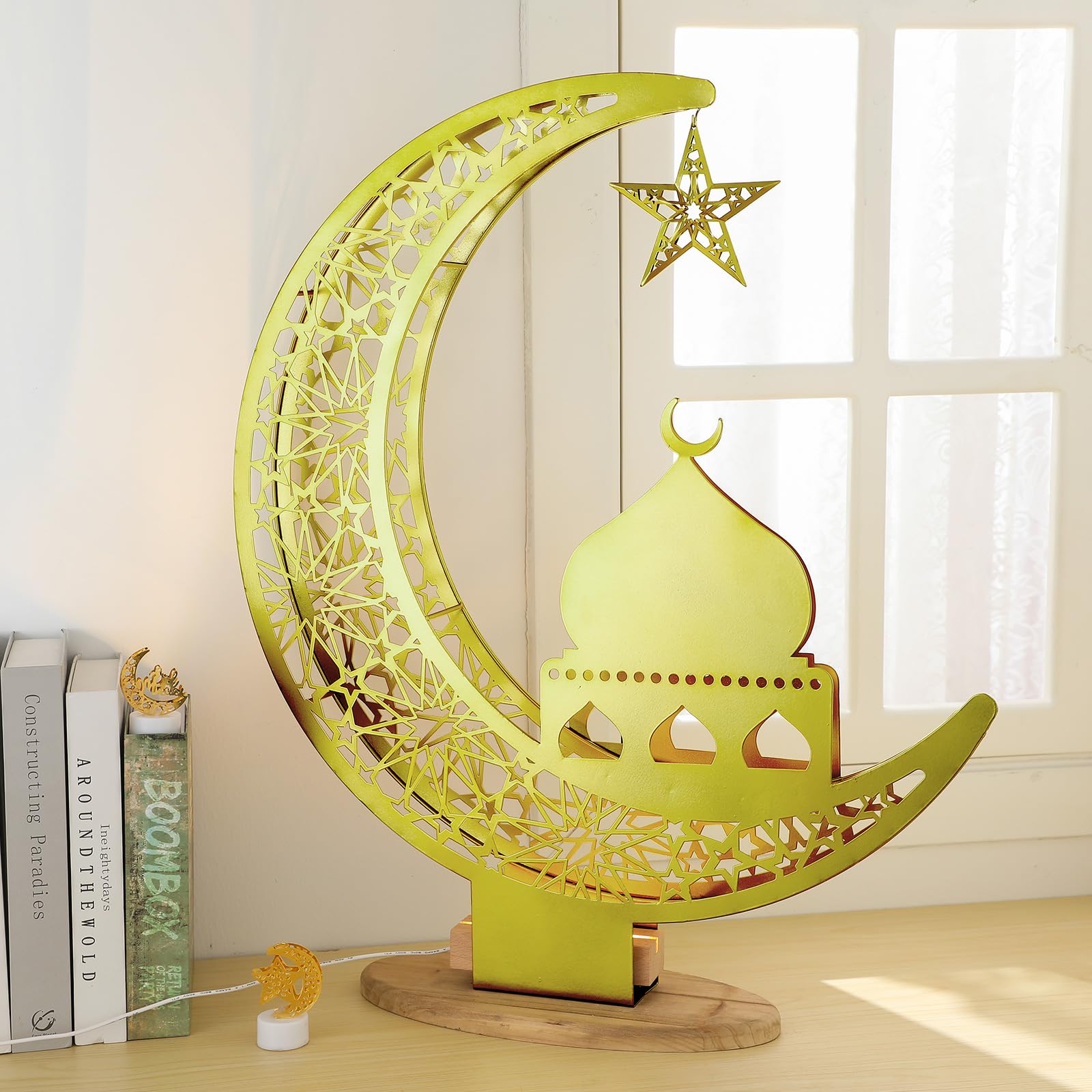 27.56 Inch Ramadan Moon Decoration, Large Eid Metal Moon Star LED Light ...