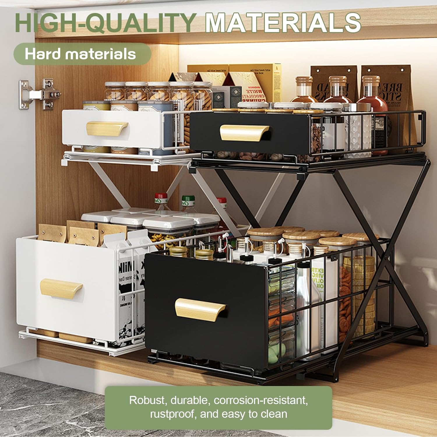 2 Tier Pull Out Pull out Cabinet Organizer with Adjustable Height, Under Sink Organizer, Slide out Pantry Shelves Drawer Storage for Kitchen Organization (Black, 2 Tier)