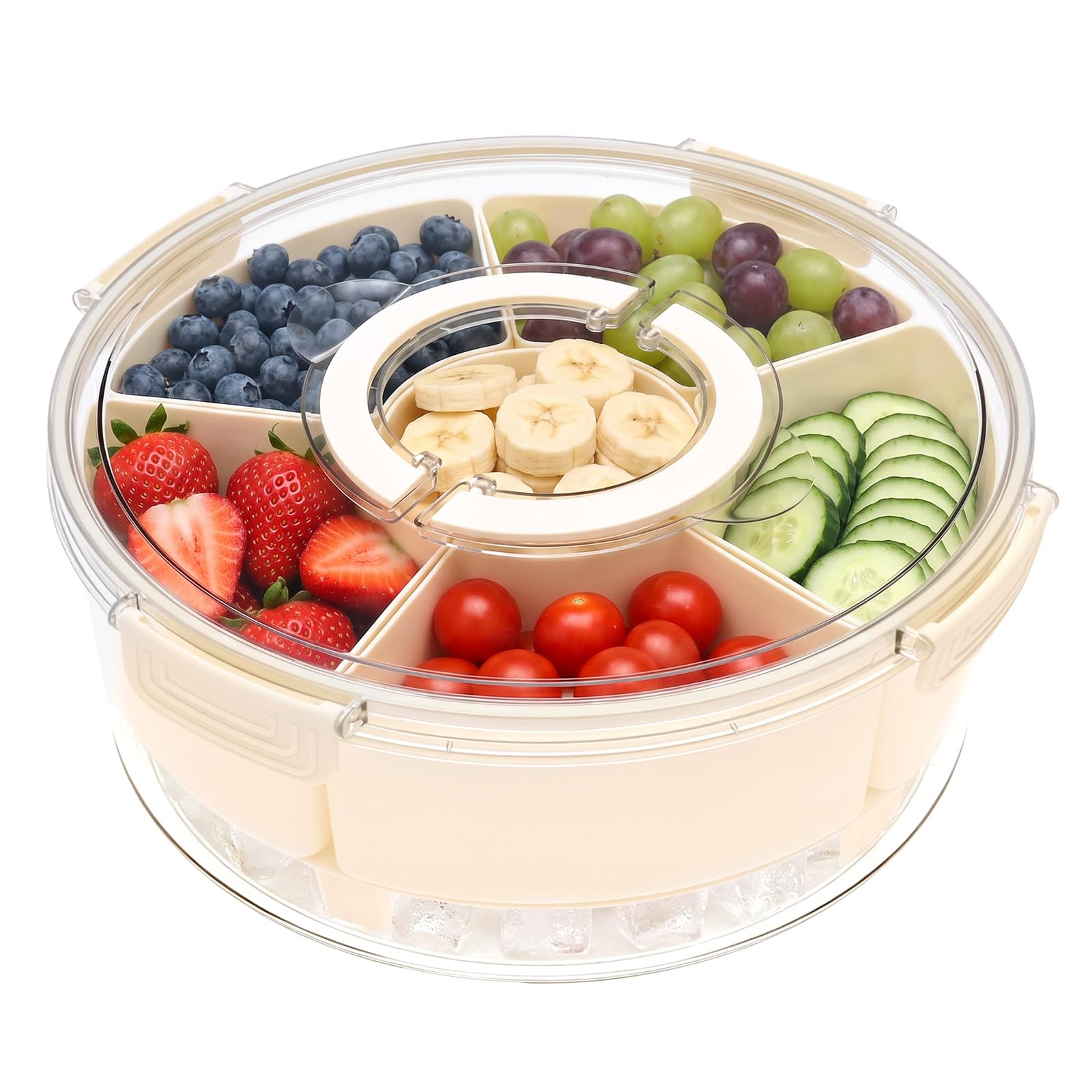 MENIBBLER Rotating Snack Box with Ice Tray Bottom, Plastic Round Divided Serving Tray with Lid and Handle, 6 Removable Compartments Portable Snack Container for Party, Picnic, Travel & Road Trip