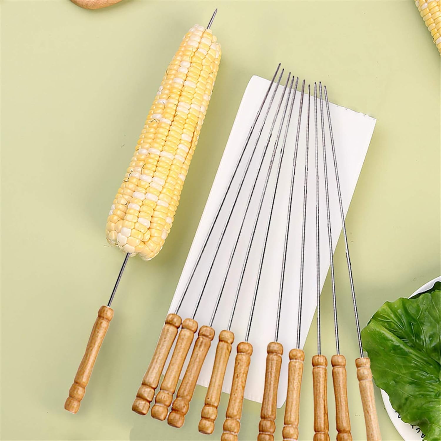 Skewers 12pc BBQ Needle Stainless Steel Wooden Handle Outdoor BBQ Needle Multifunctional BBQ Needle (Color : Brown)