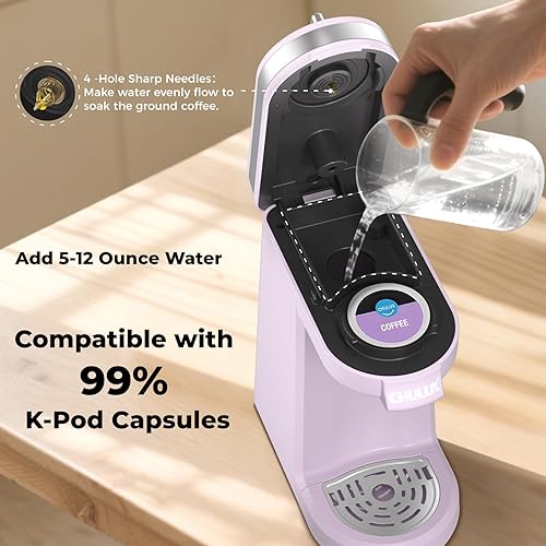 Miniatura 6 de CHULUX Mini cafetera para cápsulas K, cafetera de una sola porción para una taza americana, máquina de café ligera en cápsulas, lavanda