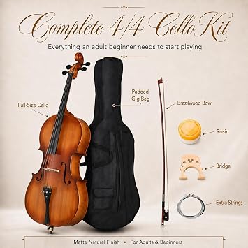 Cello 4/4 Full Size, Beginner Cello Instrument for Adults, Acoustic Cello Set with Padded Bag, Extra Strings, Bridge, Bow & Rosin for Lessons, Home Practice & School Orchestra, Matte Natural