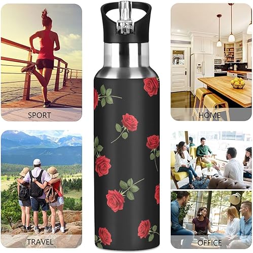 Miniatura 5 de Red Roses Green Leaves Black Insulated Water Bottle 32 Oz, BPA-Free Sports Water Bottle with Straw Leakproof Water Bottles