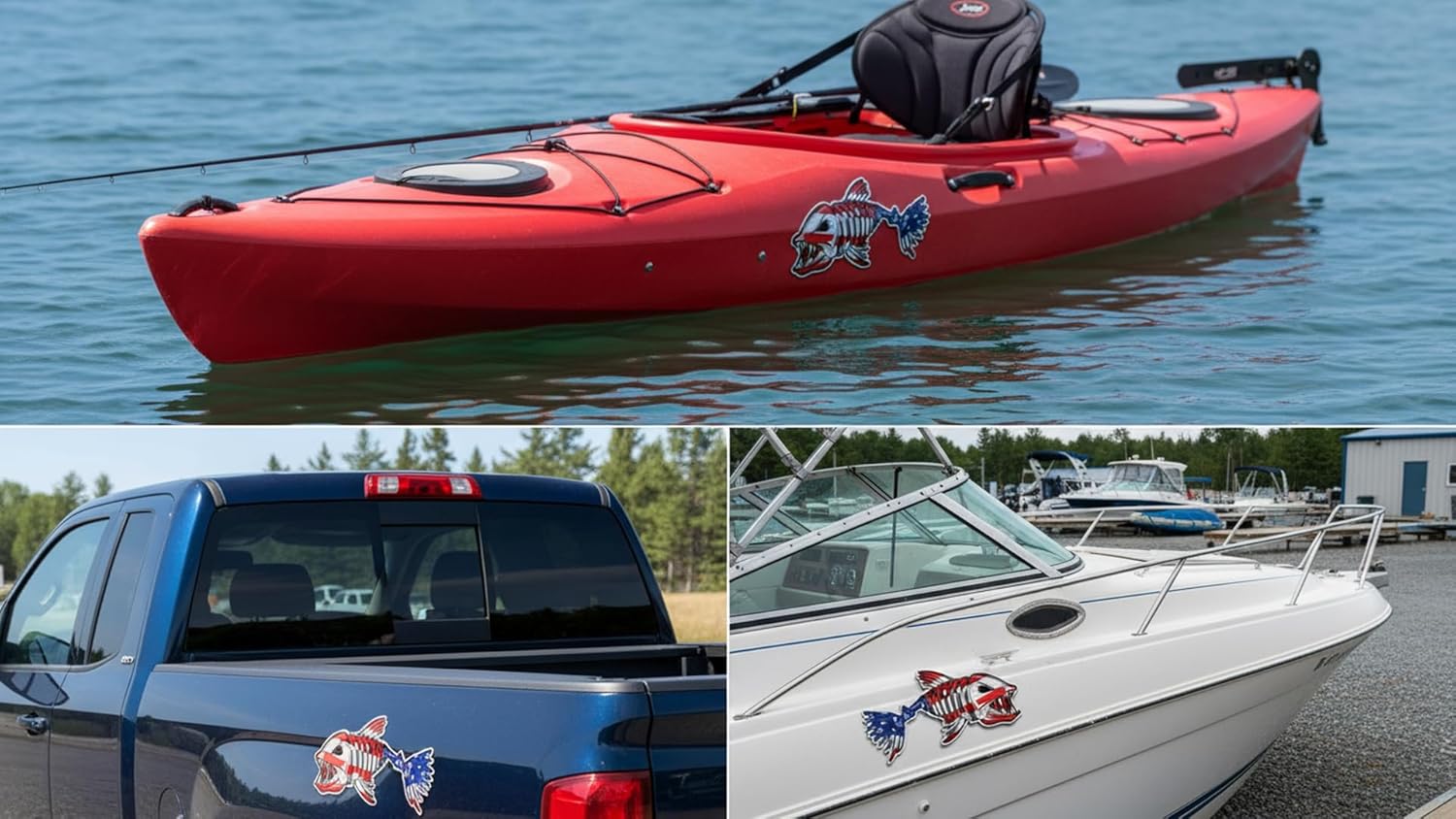 2 pcs US Flag Skeleton Fish Sticker by NTICKER - Waterproof Vinyl, Patriotic American Flag Fishbone Kayak, Fishing Boat Decal (12in, LR)