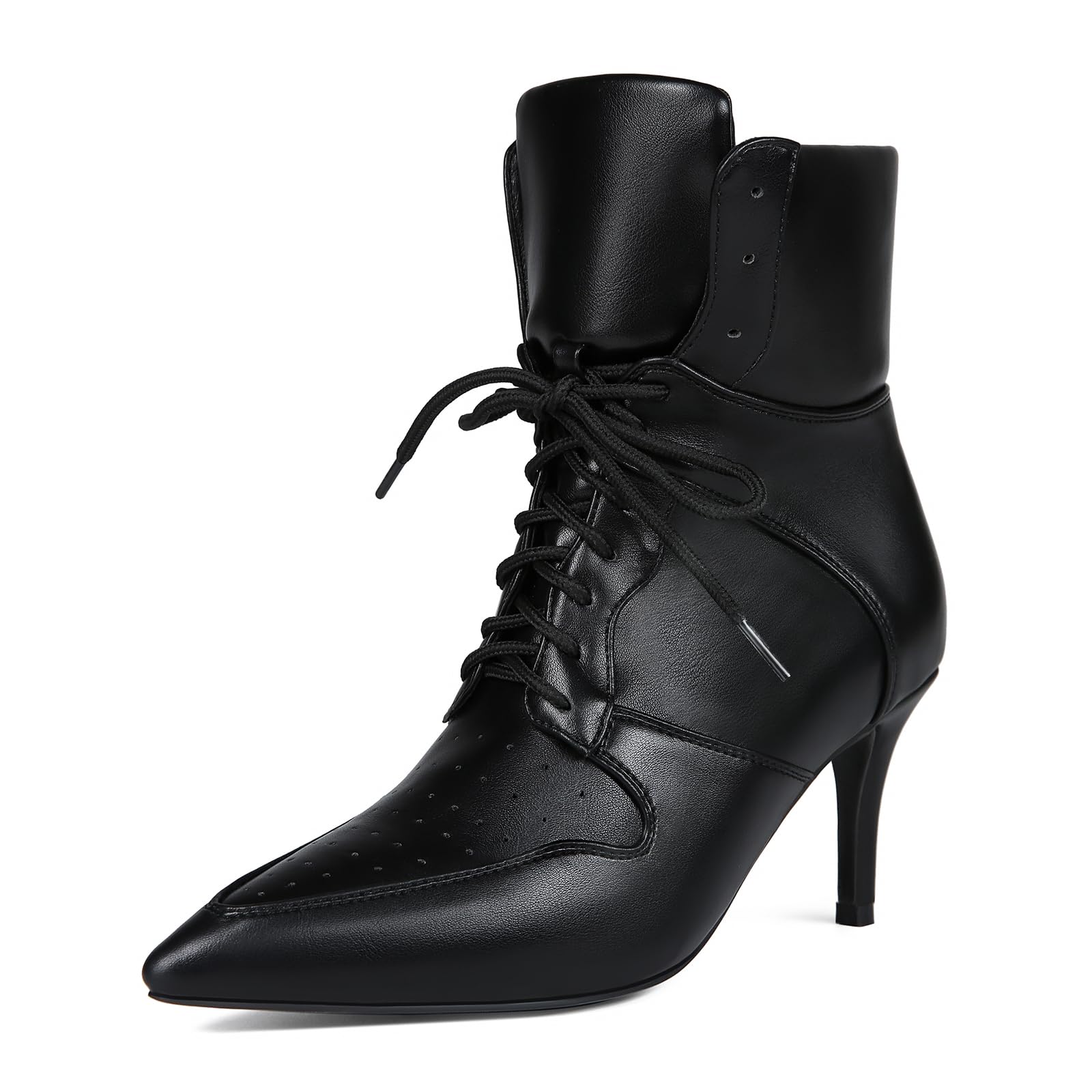 Womens Pointed Toe Stiletto Mid Heels Lace Up Faux Fur Fashion Casual Cross-Tied Ankle Boots