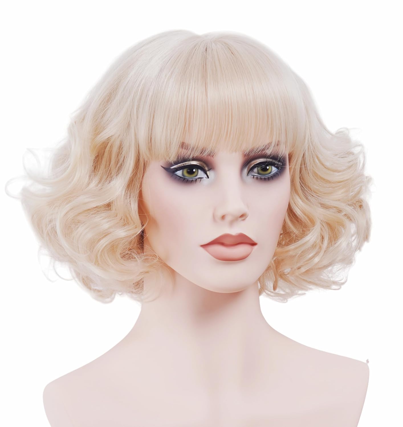 Rugelyss Short Curly Wavy Blonde Wig with Bangs Synthetic Hair Wigs for Women for Cosplay or Party