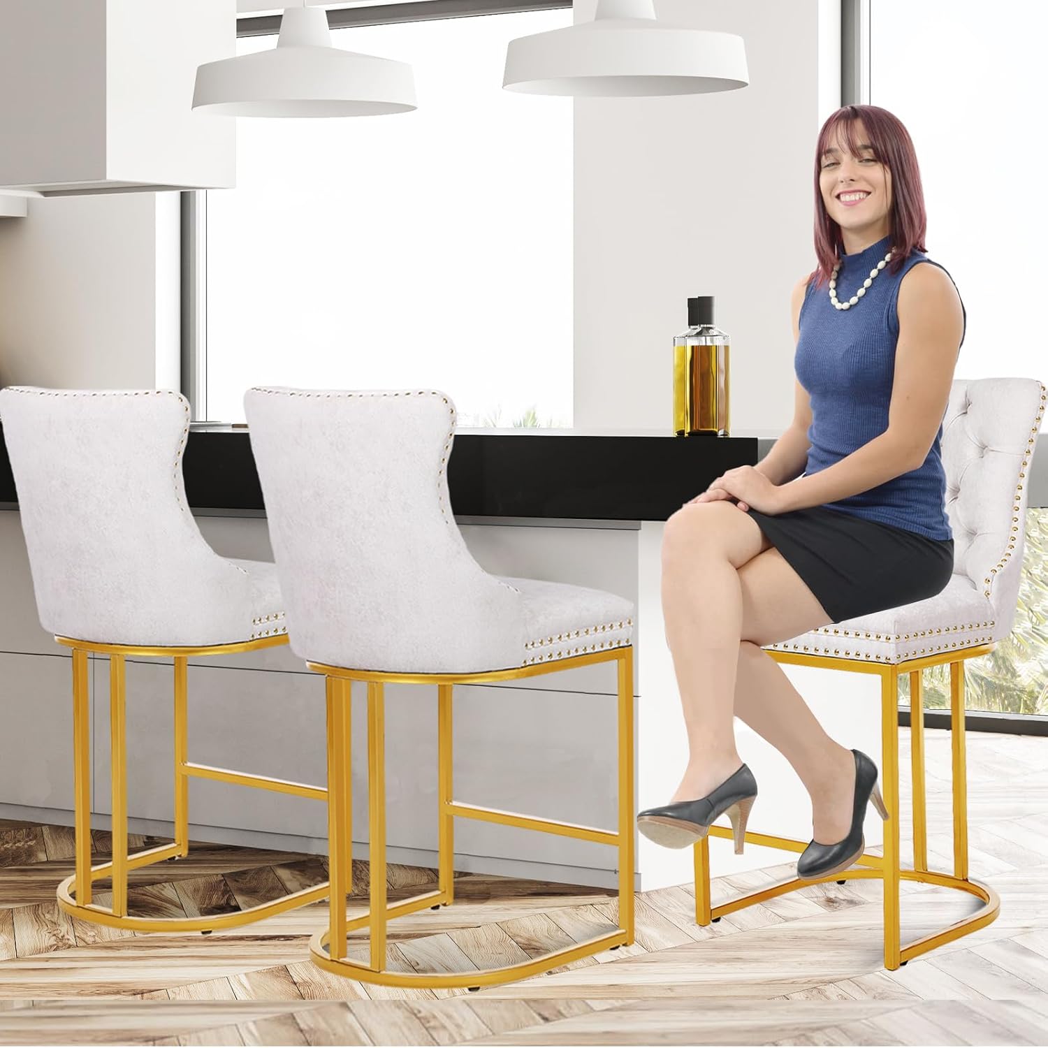 MOLENE Kitchen Island bar stools Set of 2, 24" Counter Height with Backrest, Linen Material Gold Metal Frame, Rivet Upholstered Accent Stools for Island, Home Bar