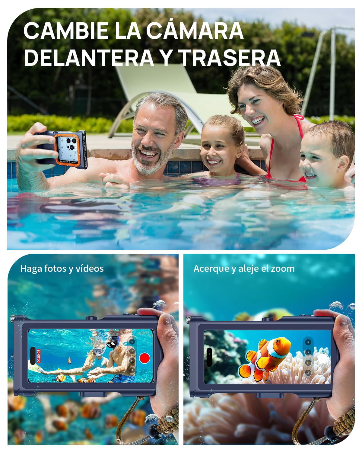 Funda IPX8 15M Impermeable [Universal] Subacuática Profesional 360 Grado Carcasa de Fotografía Buceo [Bluetooth Enfoque Ajustable] para iPhone Samsung Xiaomi 4,7-6,9'' Móvil, Azul