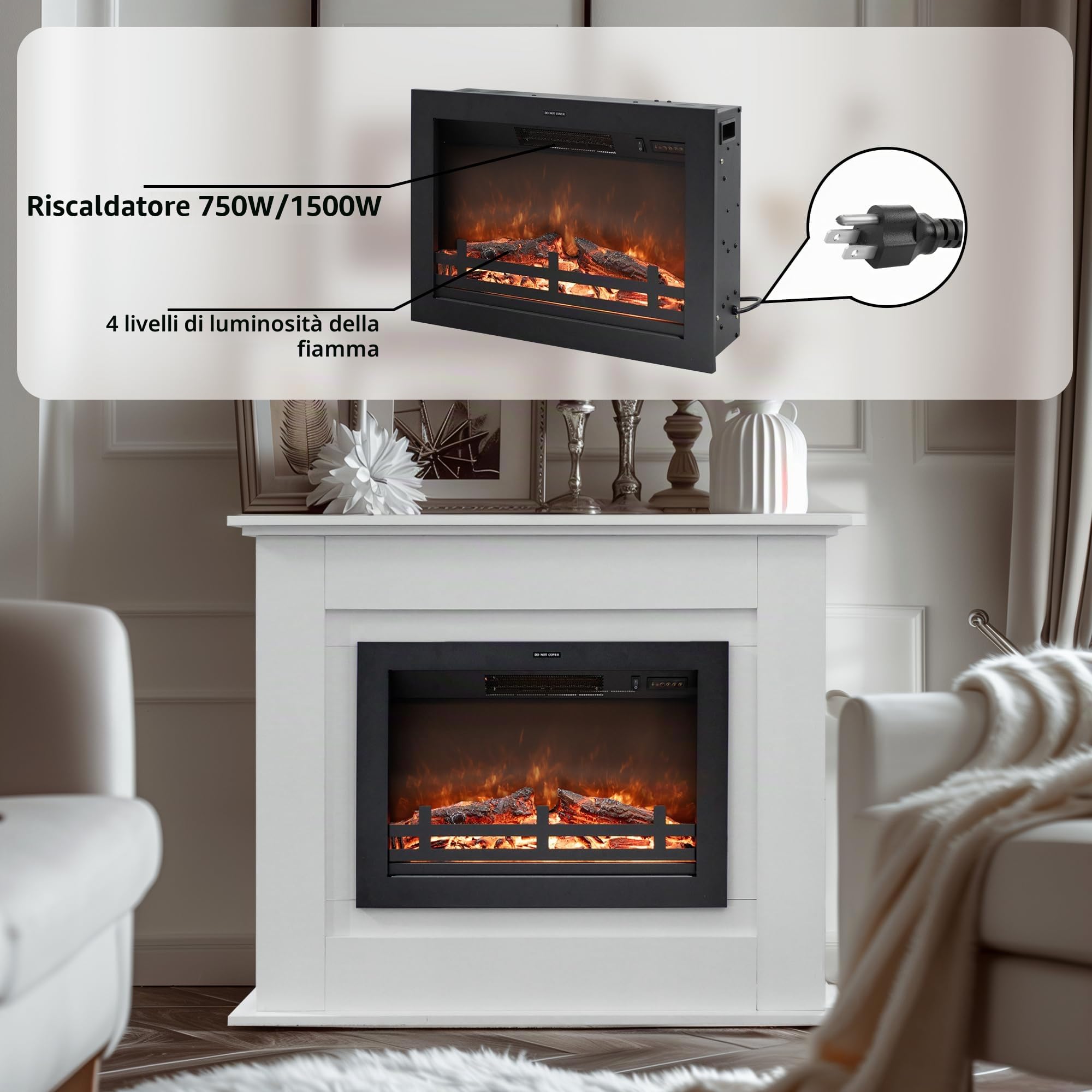 100cm Camino elettrico con mantello, Firebox circostante in legno, indipendente, luminosità della fiamma regolabile, bianco avorio, set di 2