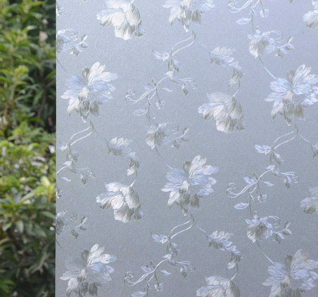 VSUDO 2 Rolls 35.4" by 78.7" Static Cling Window Film for Privacy, Hibiscus Flower Pattern Window Tint Sticker for Home or Office (38.75 Sq. Ft Total)