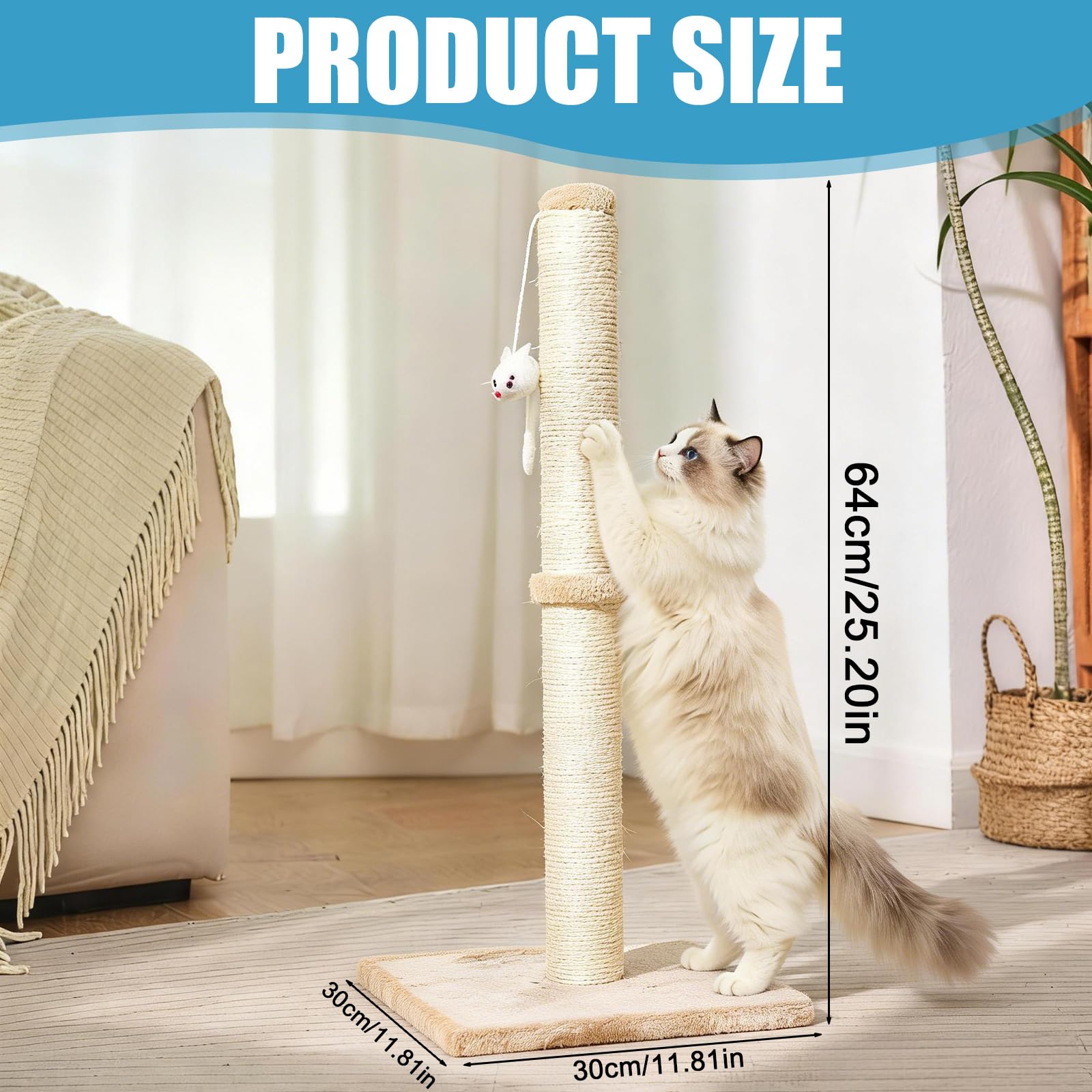Colonna tiragraffi per gatti, 30 x 30 x 64 cm, albero tiragraffi verticale, piccolo albero tiragraffi con palla sospesa, sisal naturale, per gattini e gatti piccoli, base tabile