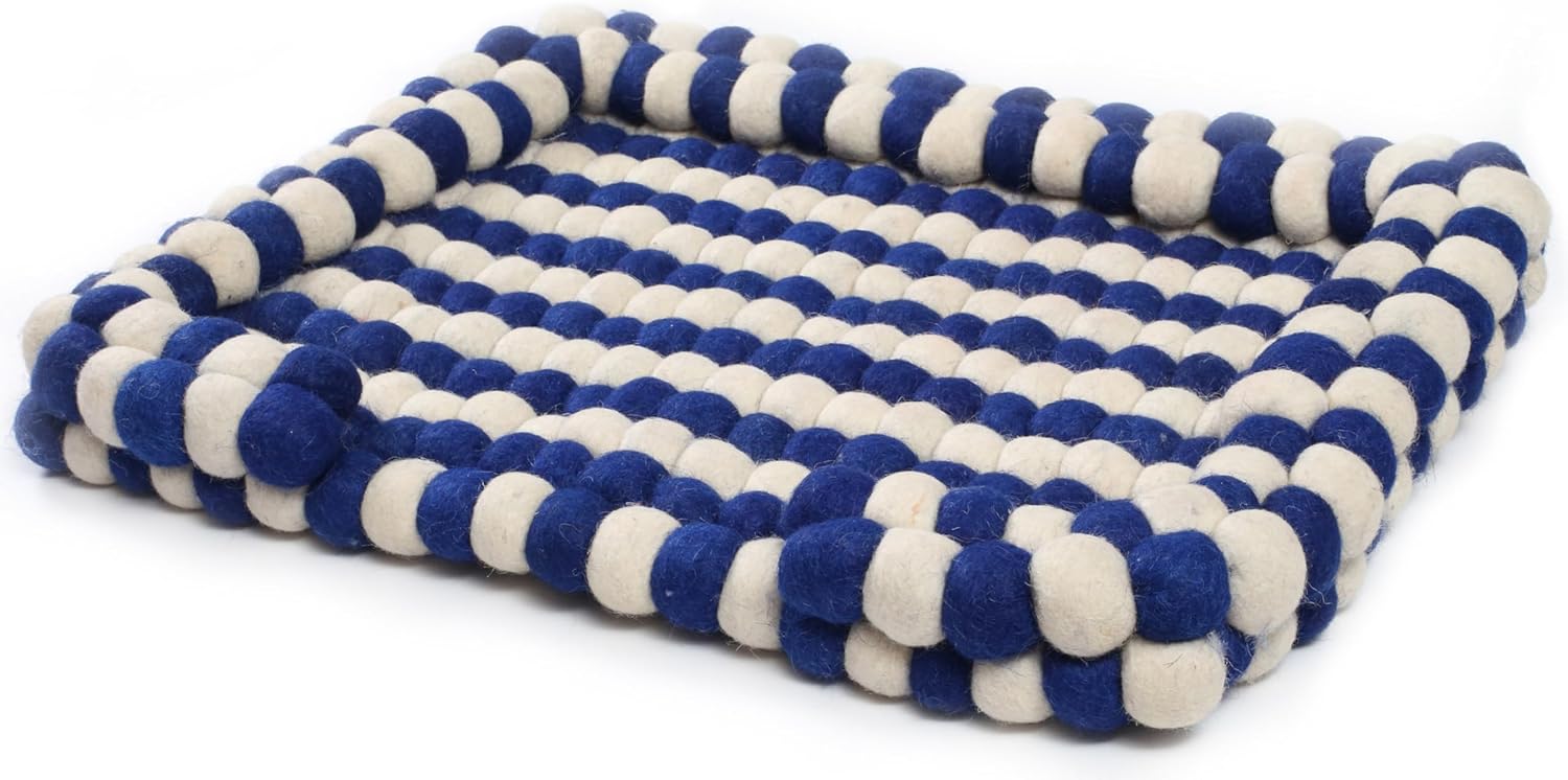 CLEENTABLE Felt Ball Wool Dog Bed – Handmade Pet Bed for Dogs & Cats – Anti-Slip Bottom, Cozy & Durable Felt Wool, Lightweight, Stain-Resistant, Plush & Stylish – Navy Off White
