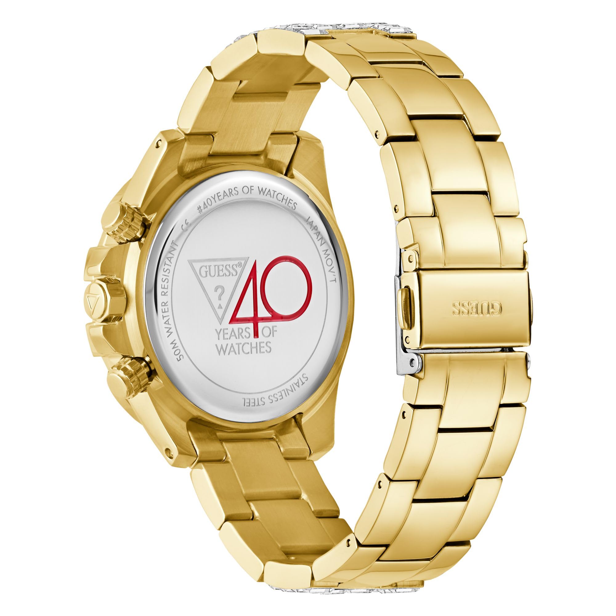 Guess Iconic 40TH Damen Armbanduhr in der Farbe Gold mit Armband aus Edelstahl, Wasserdichtigkeit: 5 bar, Gehäusedurchmesser: 40 mm, GW0812L2