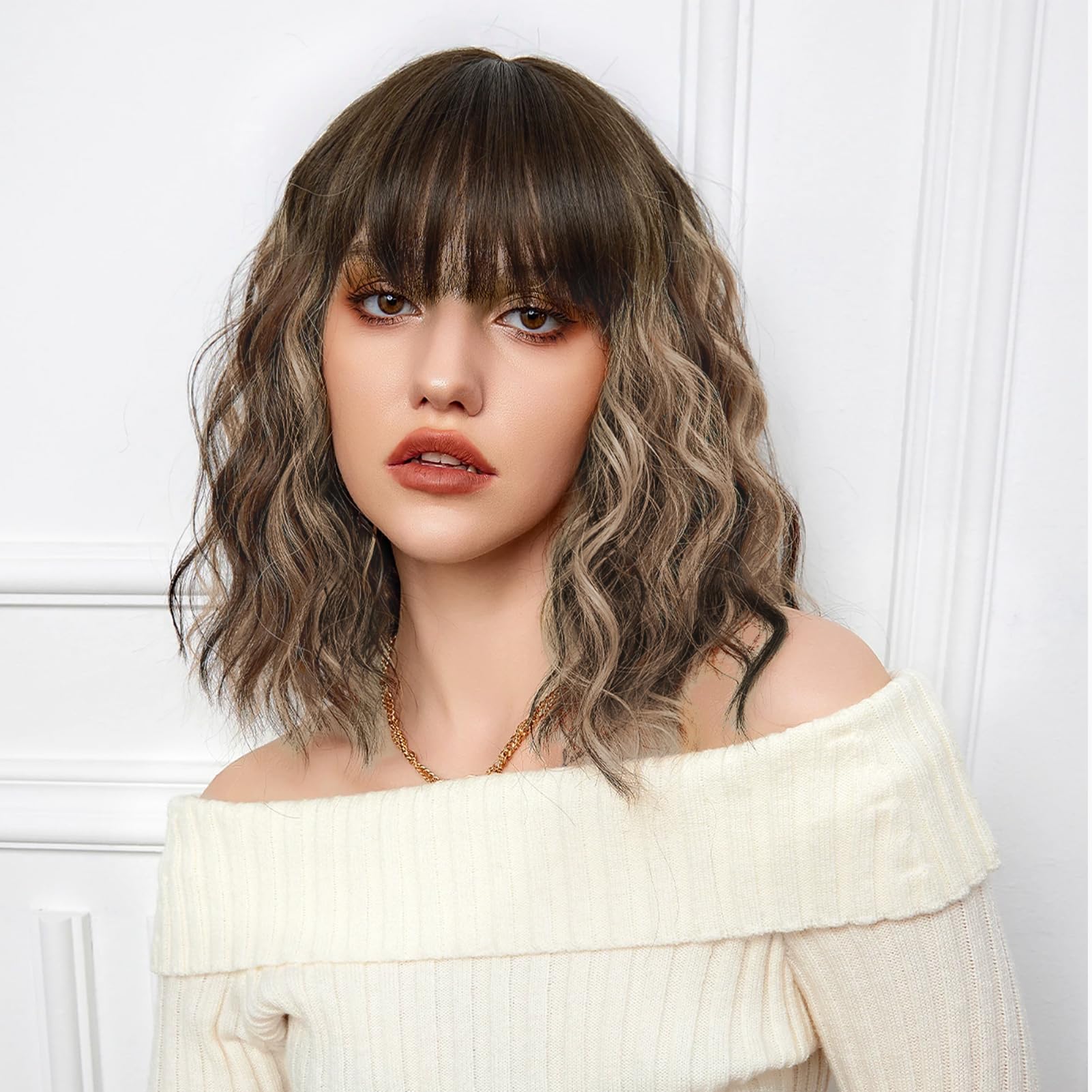 LOSMOEER Honey Blonde Highlight wig with bangs short wavy wigs for women shoulder length curly bob wigs Heat Resistant synthetic wigs for Halloween