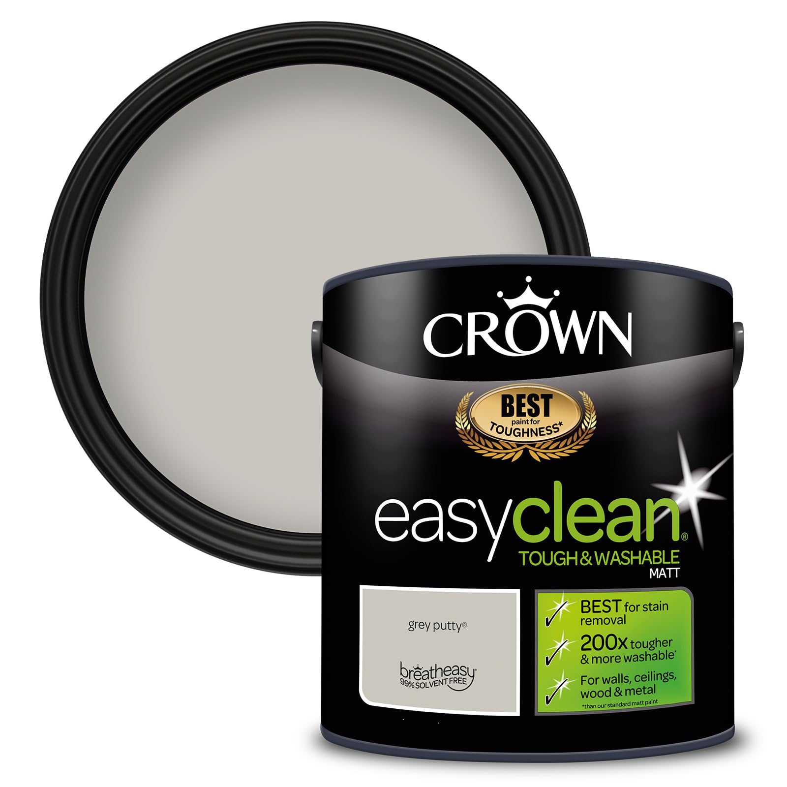 Crown Grey Putty Easyclean - Tough & Washable - Matt Emulsion Paint - Stain Resistant - Light Grey Paint - 2.5L