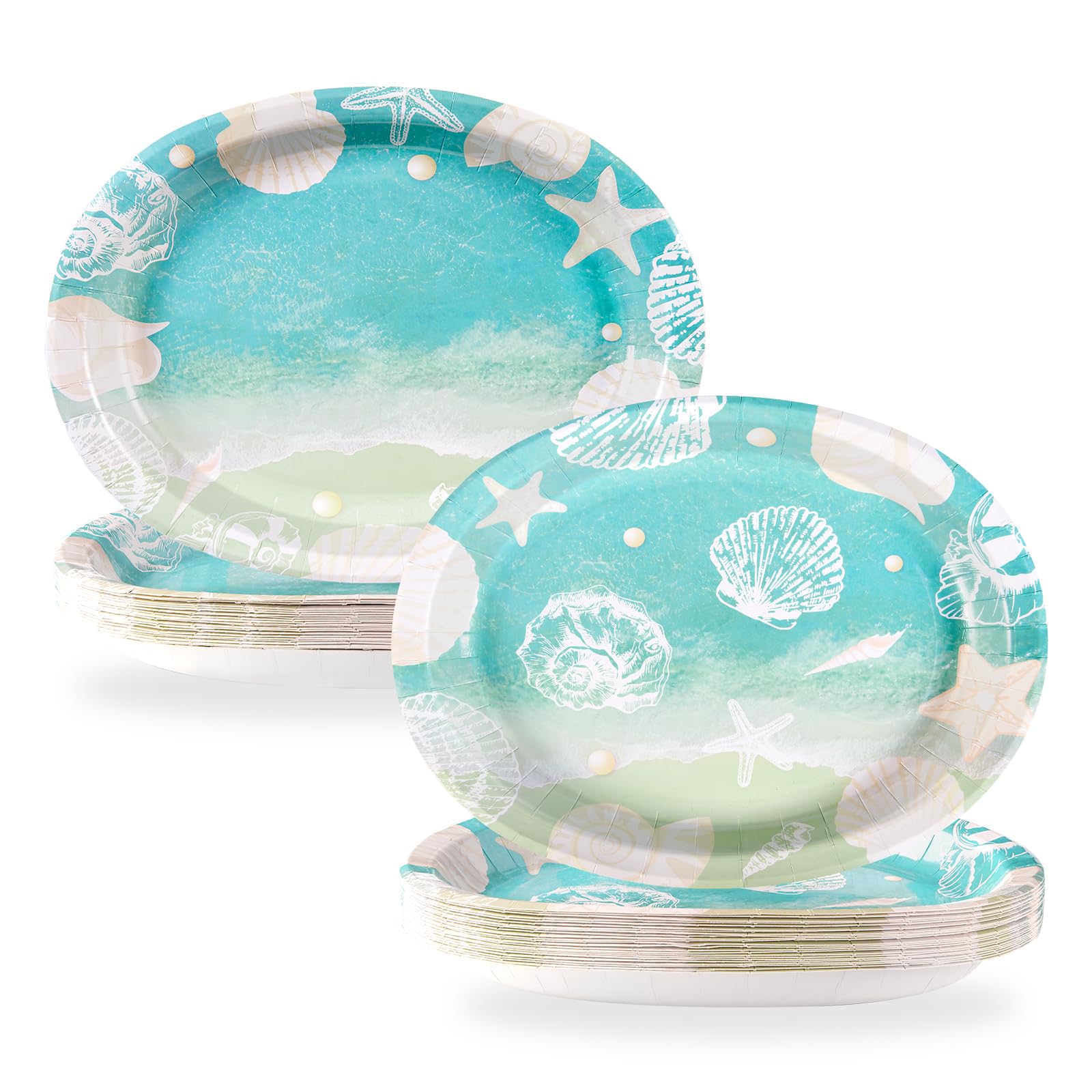 50 Pcs Seashell Beach Oval Paper Plates 10" X 12" Large Shell Plates Disposable Heavy Duty Ocean Sea Starfish Tableware for Summer Nautical Coastal Birthday Party Supplies Baby Shower Wedding Decor