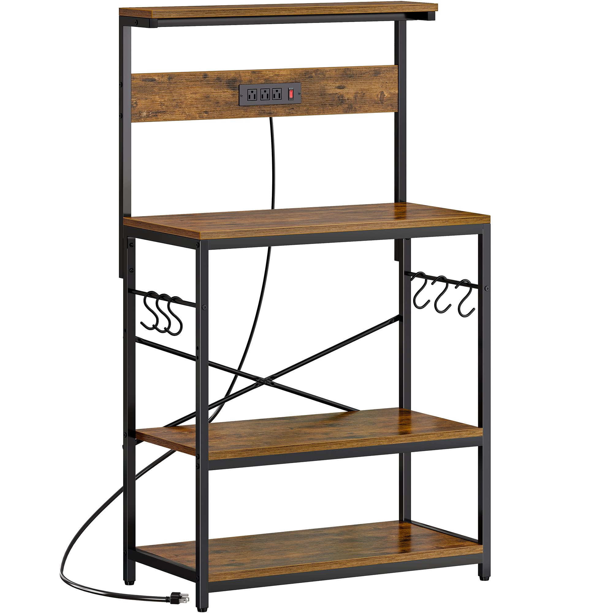 SUPERJARE Bakers Rack with Power Outlets, Microwave Stand, 31.5 X 16.5 Inch Larger Desktop, Kitchen Storage Rack with Adjustable Middle Shelf, 6 S-Shaped Hooks, Coffee Bar Stand, Rustic Brown