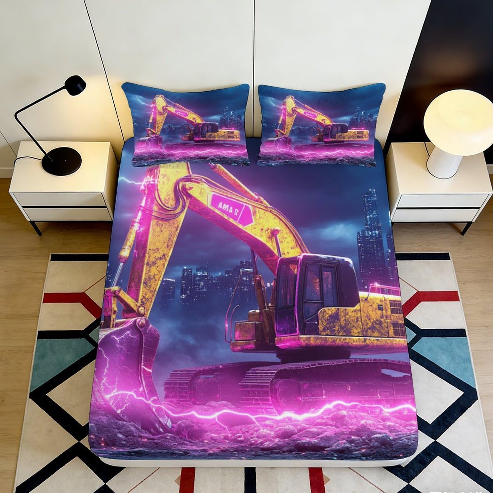 3D Printed Neon Excavator Fitted Sheet Microfiber Vibrant Construction Night Bed Cover for Bedroom Guestroom Decor 90x200x25cm