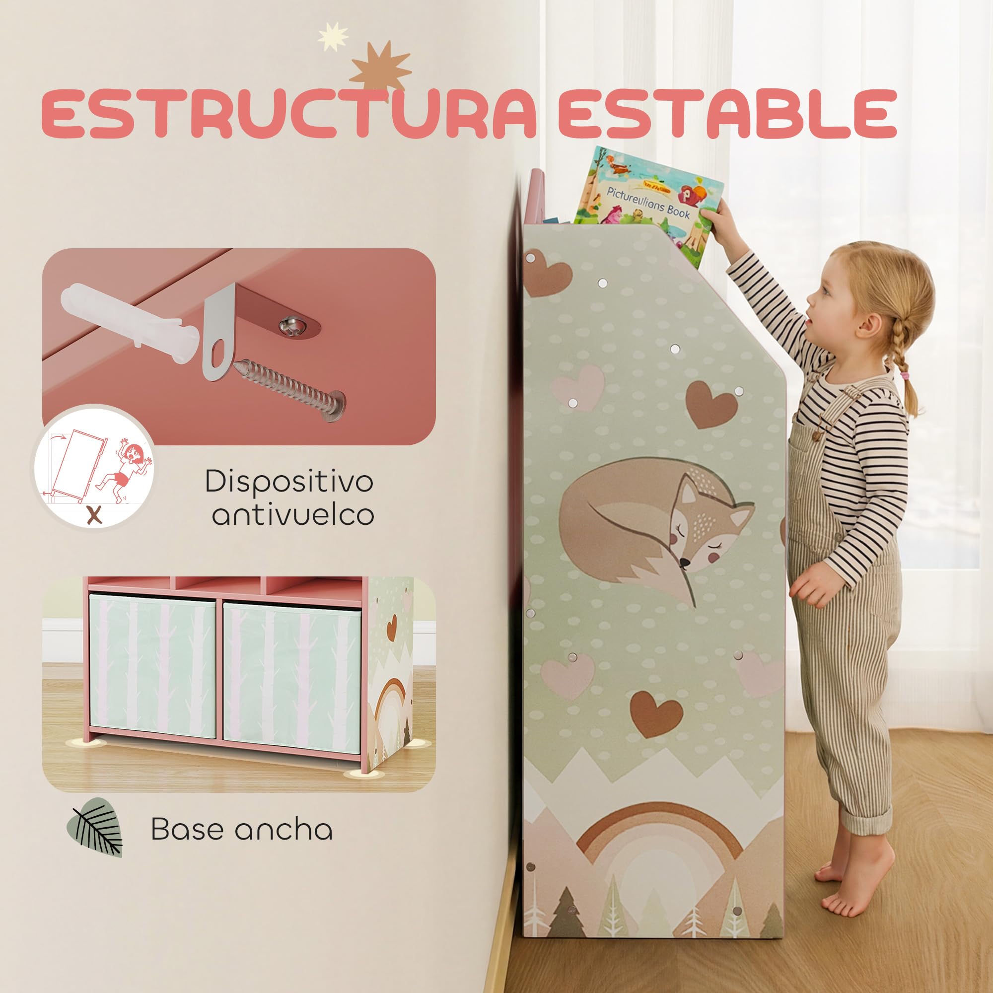 AIYAPLAY Estantería Infantil para Juguetes con Cajones de Tela, Estantes Abiertos, Diseño de Zorros, Organizador de Juguetes para Dormitorio, Sala de Juegos, Guardería, Rosa