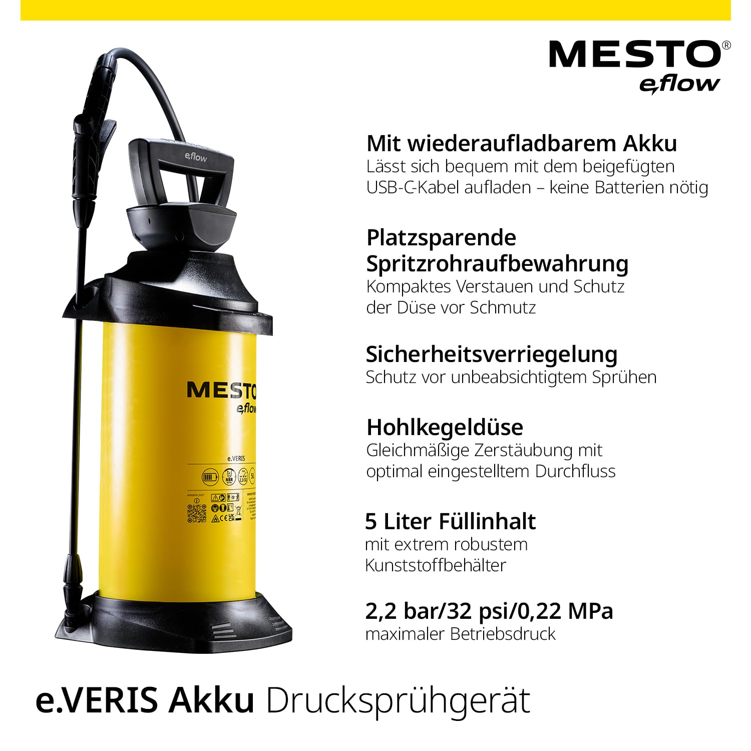 Mesto e.flow e.Veris Akku-Drucksprühgerät 5L | Akku Drucksprüher 2,2 bar | Akku Sprühgerät | Pumsprühflasche für Haus & Garten | Drucksprüher elektrisch | Pflanzensprüher | Gartenspritze & Unkrautspri