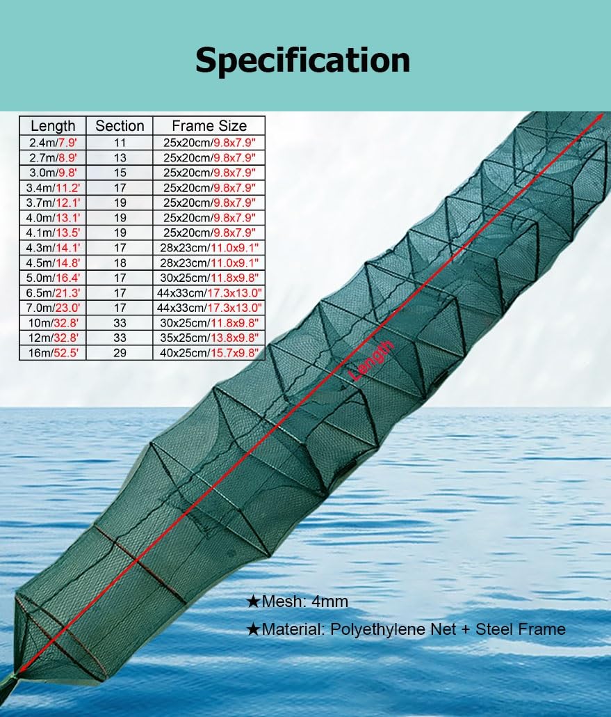 Trampa de Cebo Plegable for camarones y cangrejos de 7,9 a 52,5 pies de Largo, Red de Pesca en Agua Salada, Captura automáticamente más Peces fácilmente
