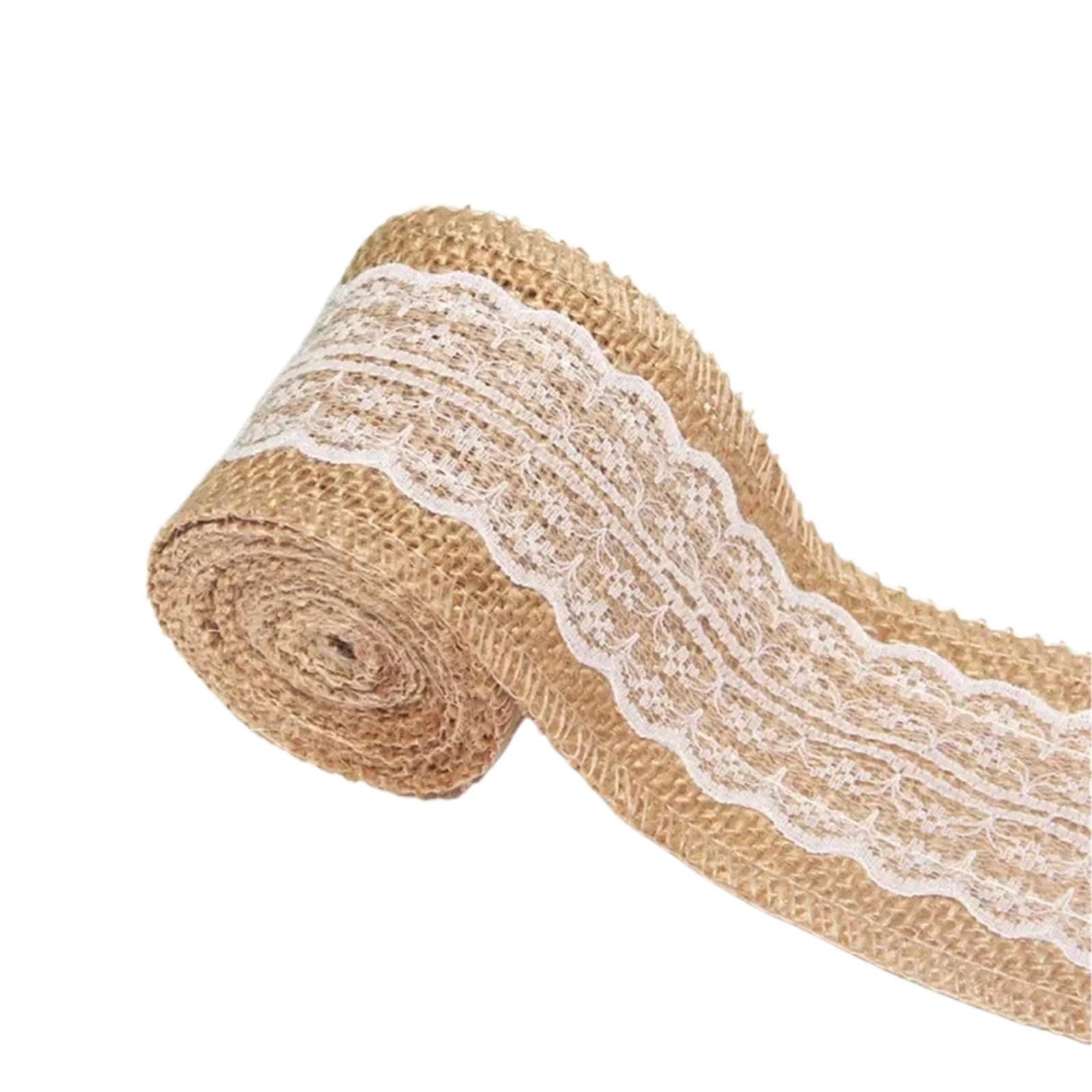 Burlap Fabric Roll 2M 5CM Natural Jute Burlap Rolls Hessian Ribbon with Lace Vintage Rustic Wedding Decor Ornament Party DIY Craft Supplies(Type3)