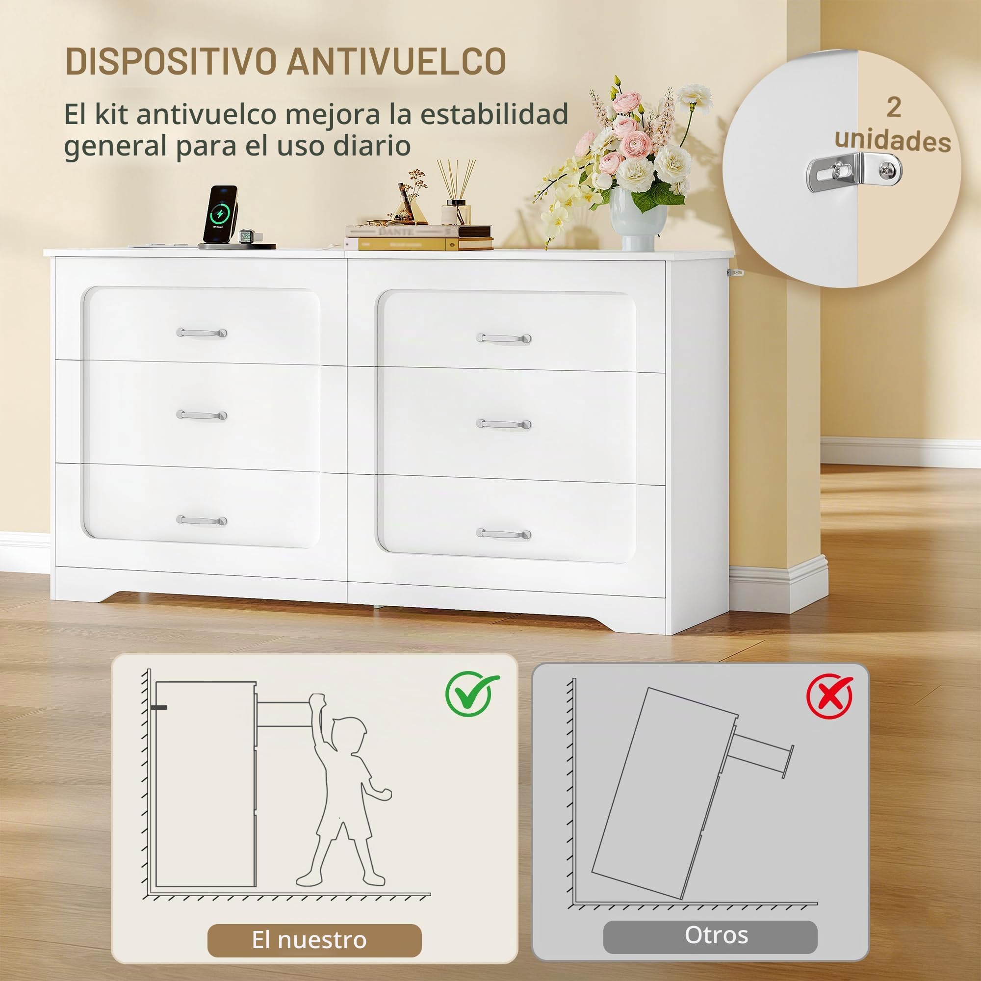 Hzuaner Cómoda con Regleta de Enchufes, Cómoda de Doble Columna, 6 Cajones para Dormitorio, Mueble Almacén Moderno para Pasillo, Salón, Vestidor y Oficina 40 x 140 x 75 cm Blanco DC35003XEU