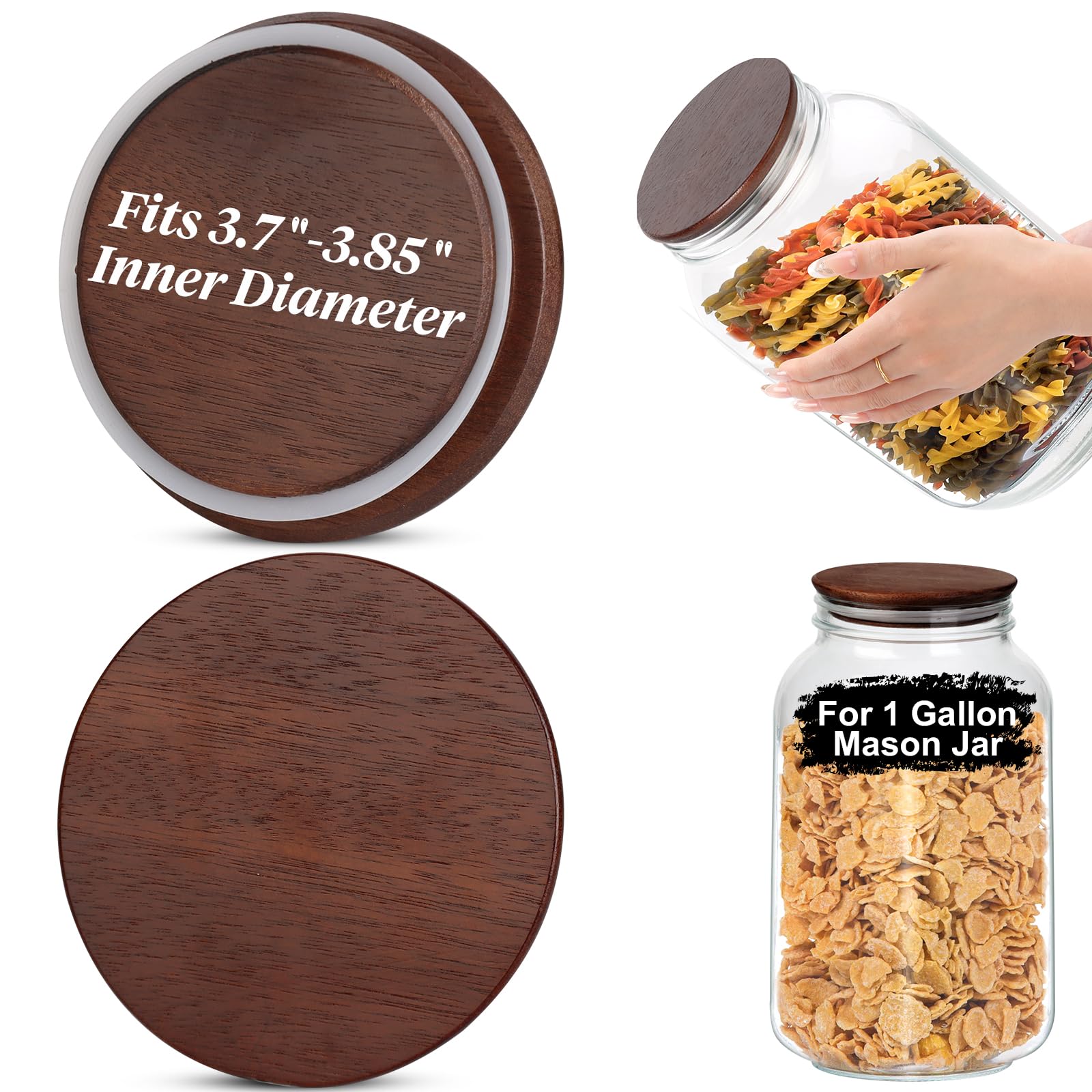 Photo 1 of 2 PCS 1 Gallon Mason Jar Lids Wooden Fits 3.7 Inch Inner Dia Replacement Mason Jar Lids Ball Glass Jar Lids Wooden Lid with Silicone Seal Canning Jars Lids Only for 1 Gallon Jars(2, Dark Acacia)