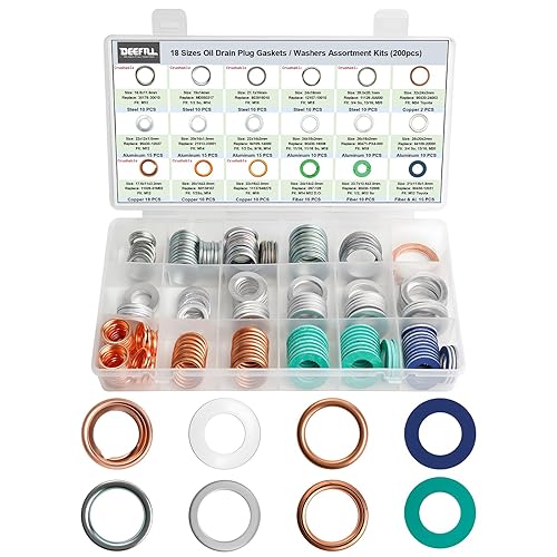 DEEFILL 200 piezas 18 tamaños Juego surtido de juntas y arandelas para tapón de drenaje de aceite maestro Compatible con Toyota, Subaru, Chevrolet