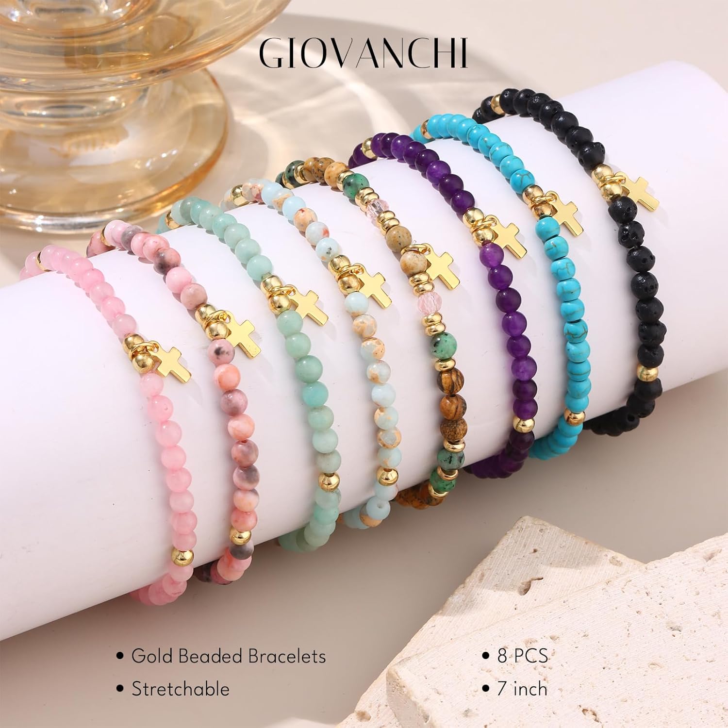 8PCS Cross Bracelets for Women Christian Gifts - 4MM Beaded Cross Bracelet Inspirational Christmas Confirmation Baptism Birthday Gifts Natural Stone Bracelets Jewelry - Image 5