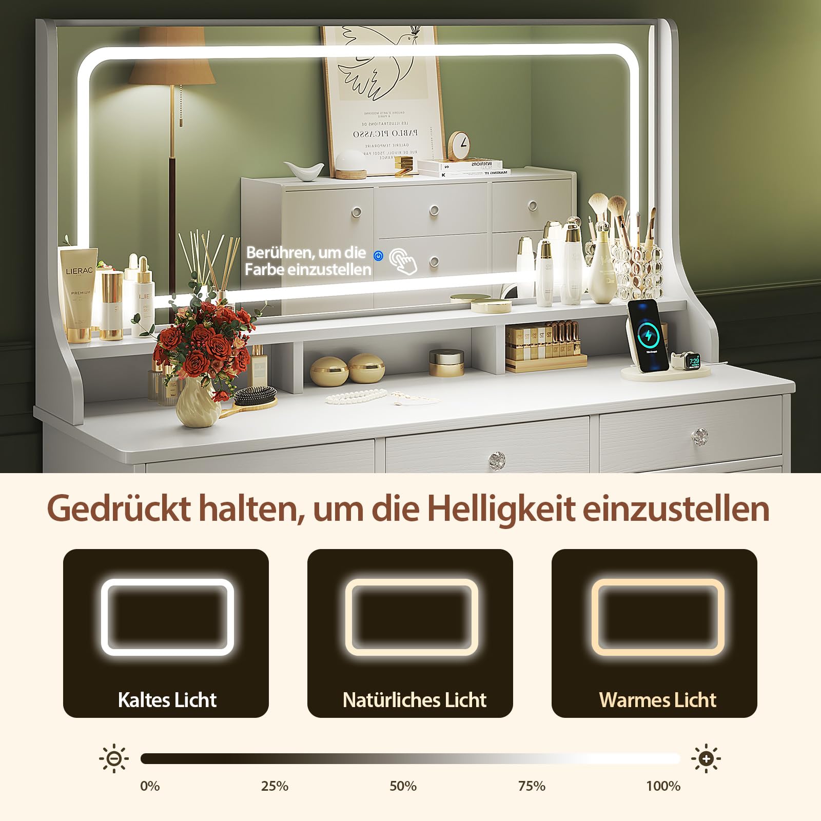 Dripex Coiffeuse avec éclairage, Coiffeuse Moderne avec 11 tiroirs, Grand Miroir LED de 110 cm et Prise électrique, luminosité réglable, pour Chambre à Coucher et Dressing, Blanc