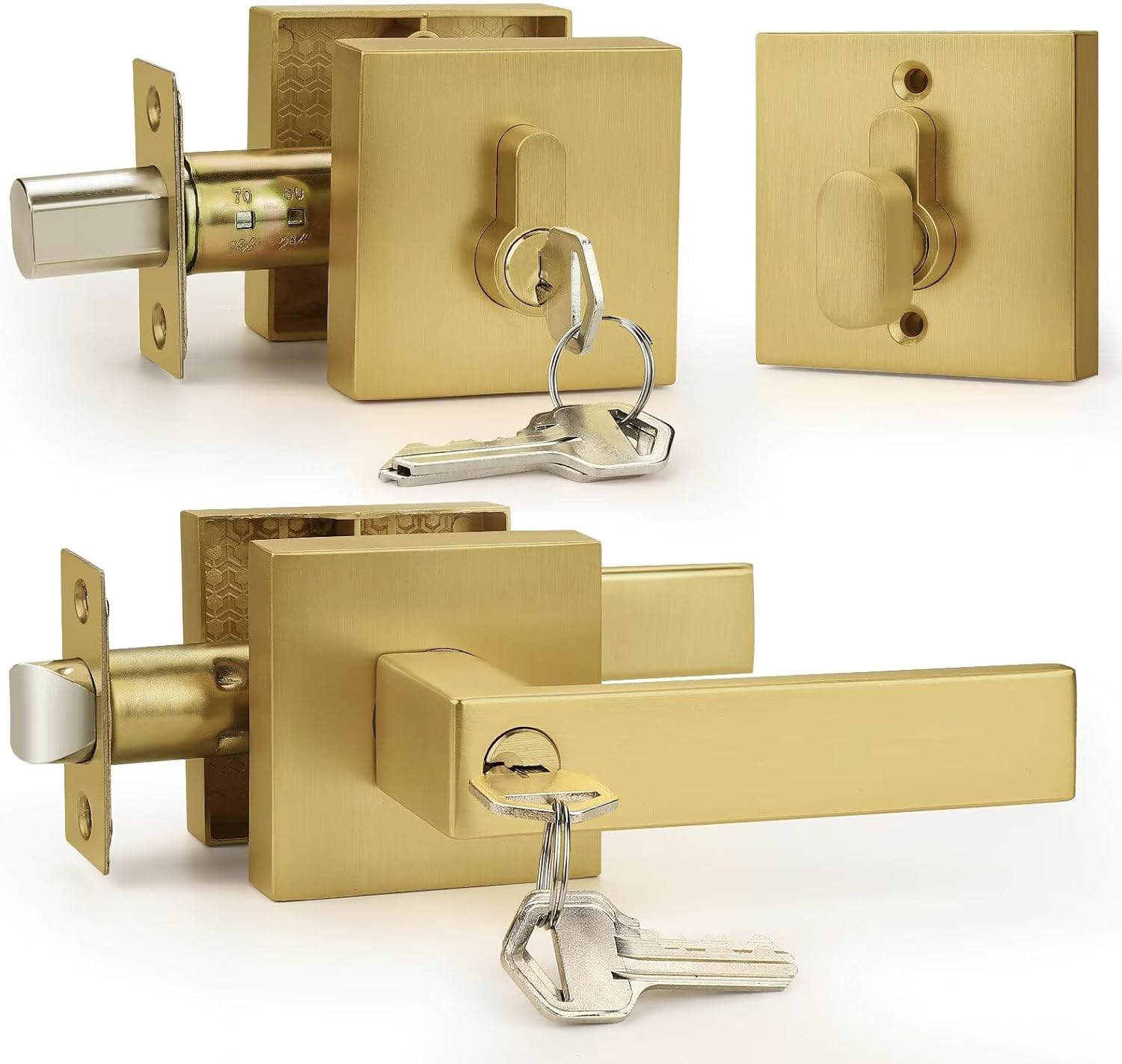 Probrico Brushed Gold Exterior Door Locksets, Heavy Duty Square Keyed Alike Front Door Entry Handle and Single Cylinder Deadbolt Set, Satin Brass, 1Pack