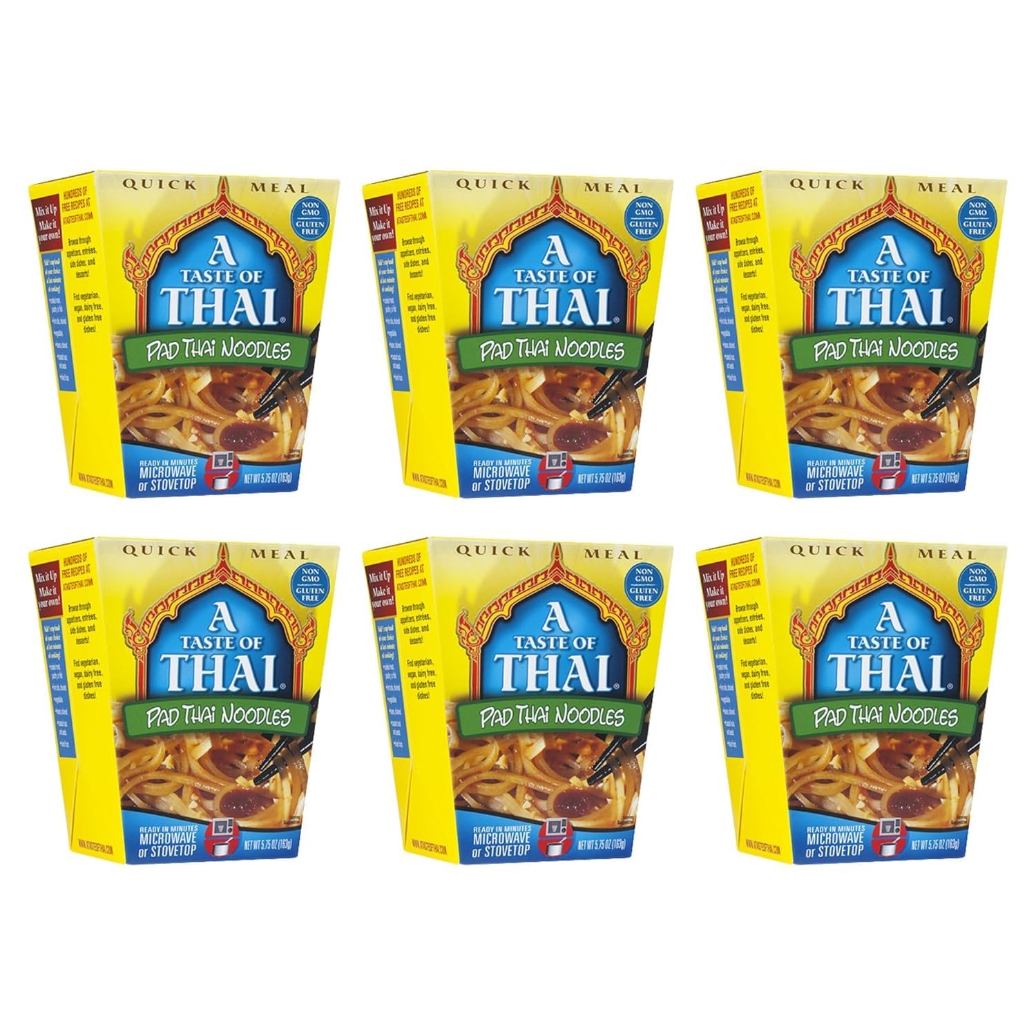 A Taste of Thai Pad Thai Noodles |Heat & Eat Instant Noodle | Flavored with Authentic Thai Sauce - Non-GMO, Gluten Free, Trans Fat Free- Perfect Side for Chicken, Fish & Meat Entrees| 6 Pack (5.75oz)