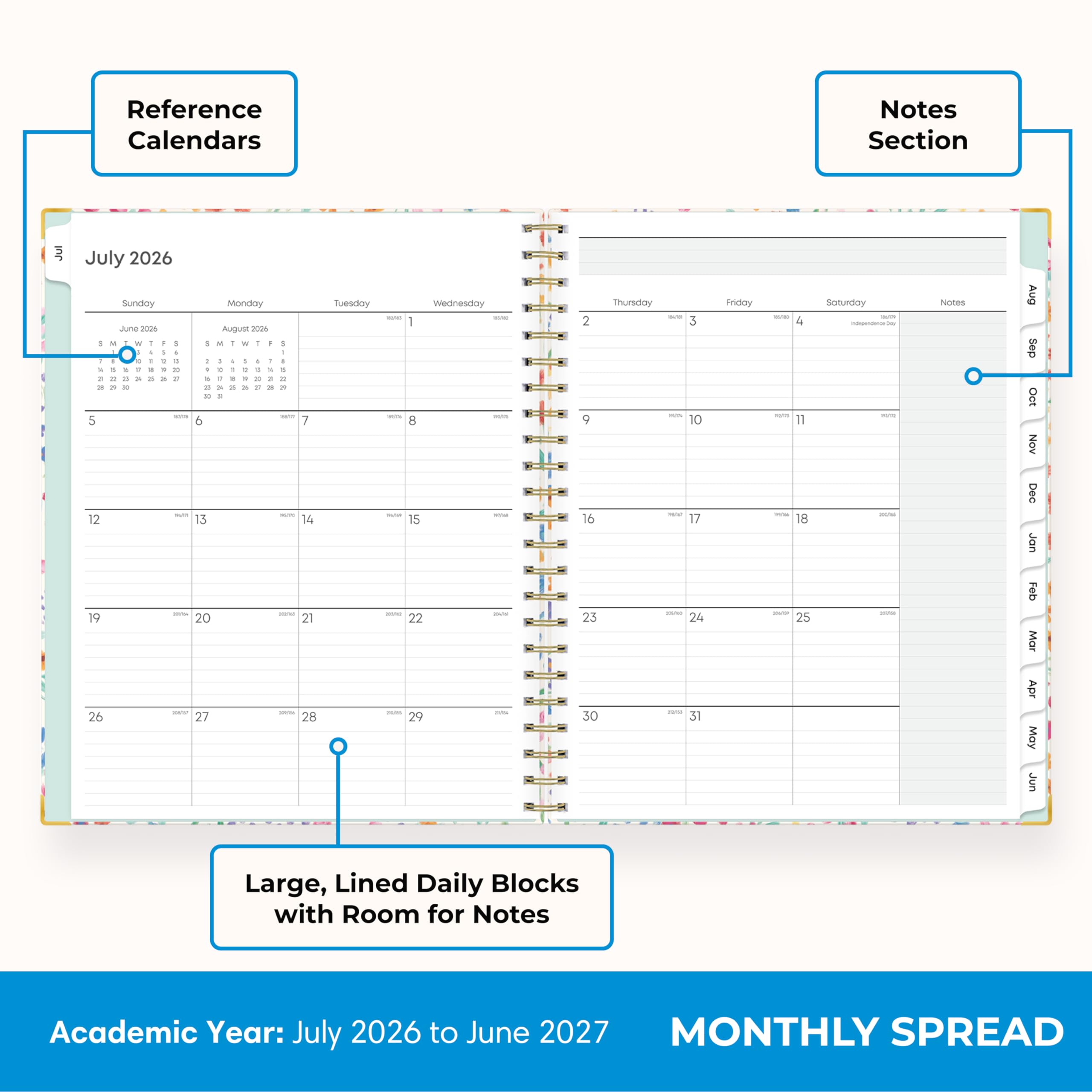 Blue Sky Calendrier hebdomadaire et mensuel 2026-2027 avec presse-papiers, 21,6 x 27,9 cm, couverture rigide