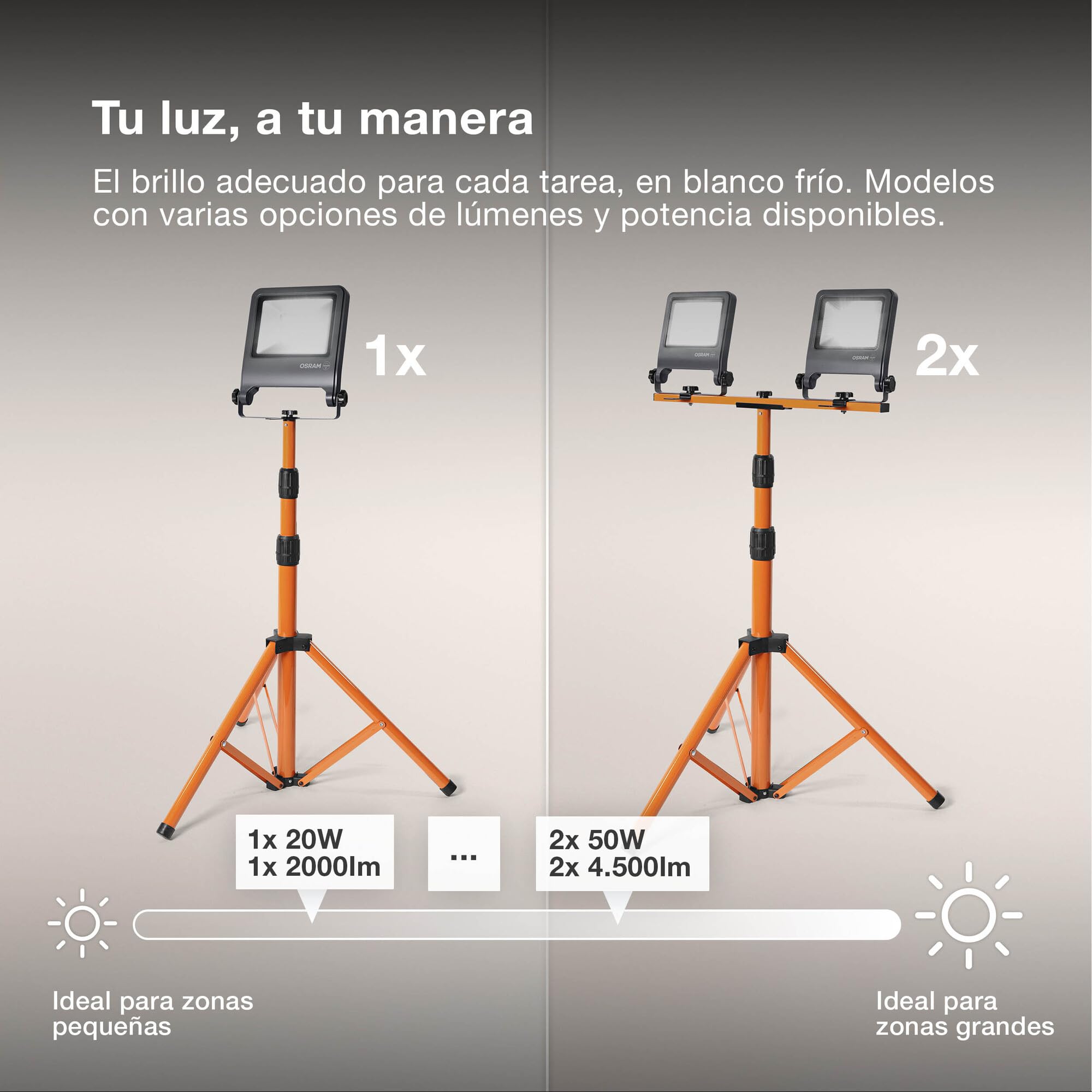 OSRAM Reflector de Construcción con Trípode LED 2x50W 4000K Gris | LED Worklight Tripod, Stand Luminaire and Ceiling Floodlight, Gris oscuro, 30000 h, Paquete de 1