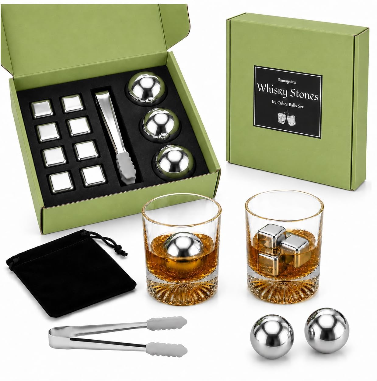 13-Piece Stainless Steel Whiskey Stones Set, 3 Balls & 8 Cubes Whiskey Gifts for Men Dad Husband