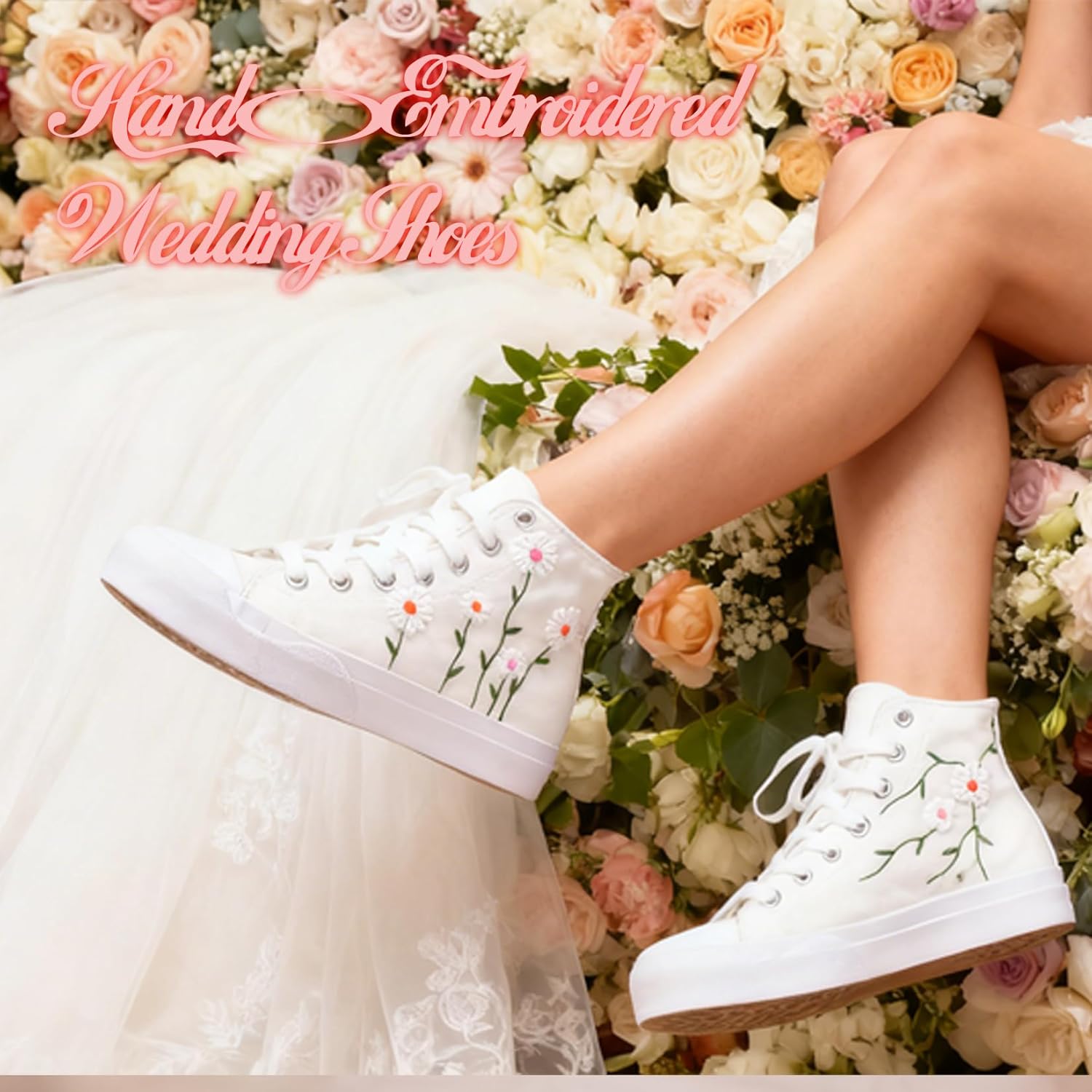 Women High-Top Fashion Sneakers with Floral Embroidery Birthday Gift Wedding Shoes for Bride White Canvas Tennis Walking Shoes - Image 2