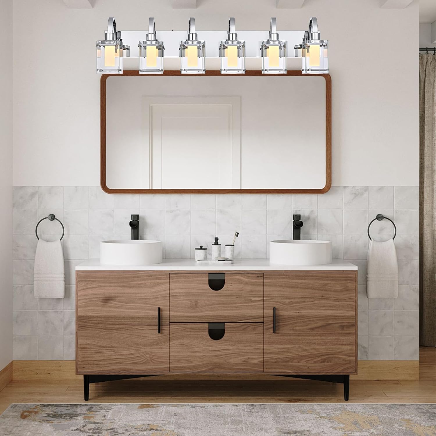 6-Light Chrome Vanity Light Fixtures, Modern LED Bathroom Wall Lights for Dressing Room, Integrated LED Chips with Frosted Column & Clear Square Glass Shades, Energy Saving Wall Sconce