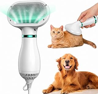 2-in-1 Pet Hair Dryer Brush – Self-Cleaning Slicker Brush with Adjustable Temperature – Low Noise Professional Dog & Cat Grooming Blow Dryer – Portable Pet Grooming Kit (White)