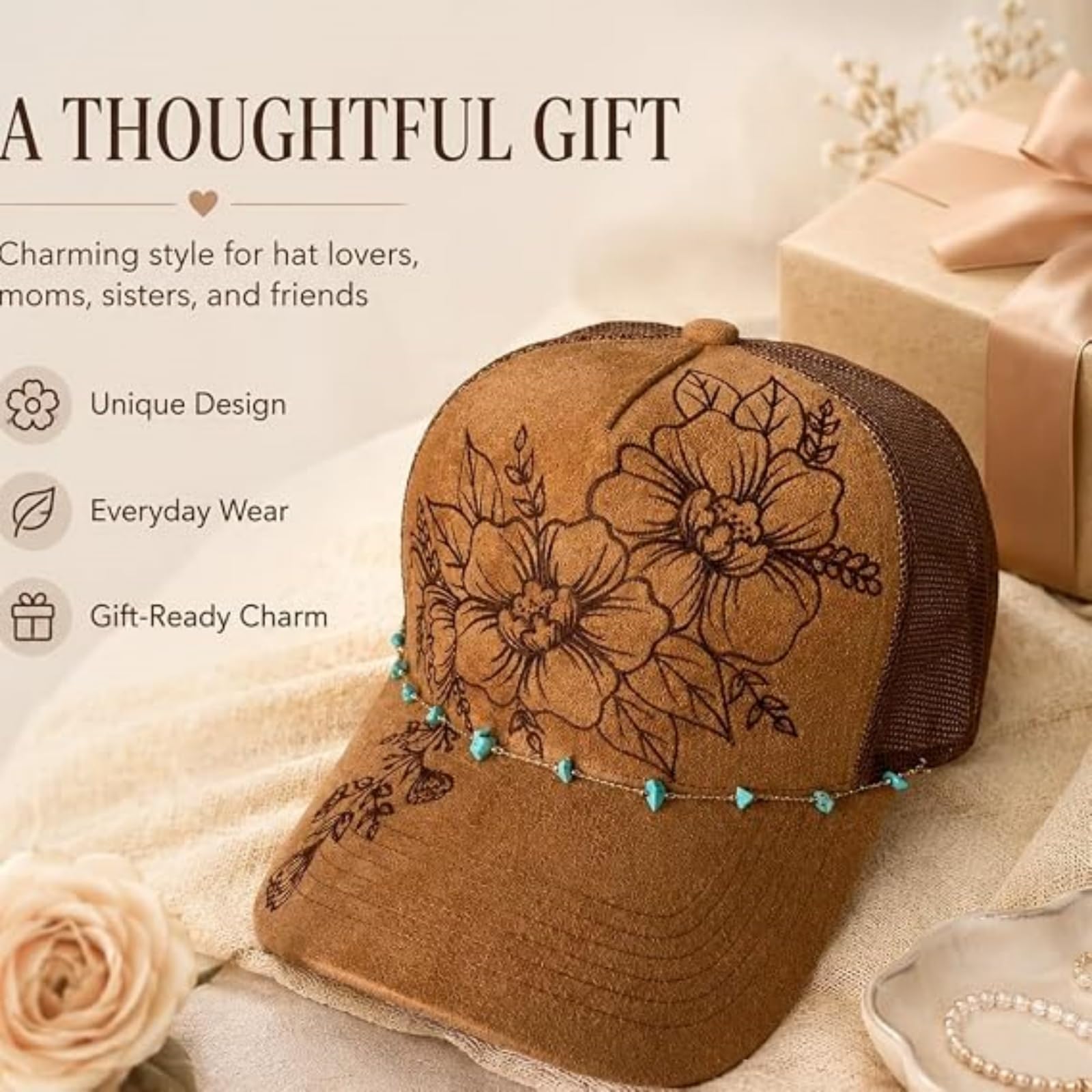 Generico Cappello da Camionista in Pelle Scamosciata bruciata con Applicazioni Floreali, Catena con Delicate Pietre turchesi, Retro in Rete Regolabile, Stile Western Boho Cowgirl.