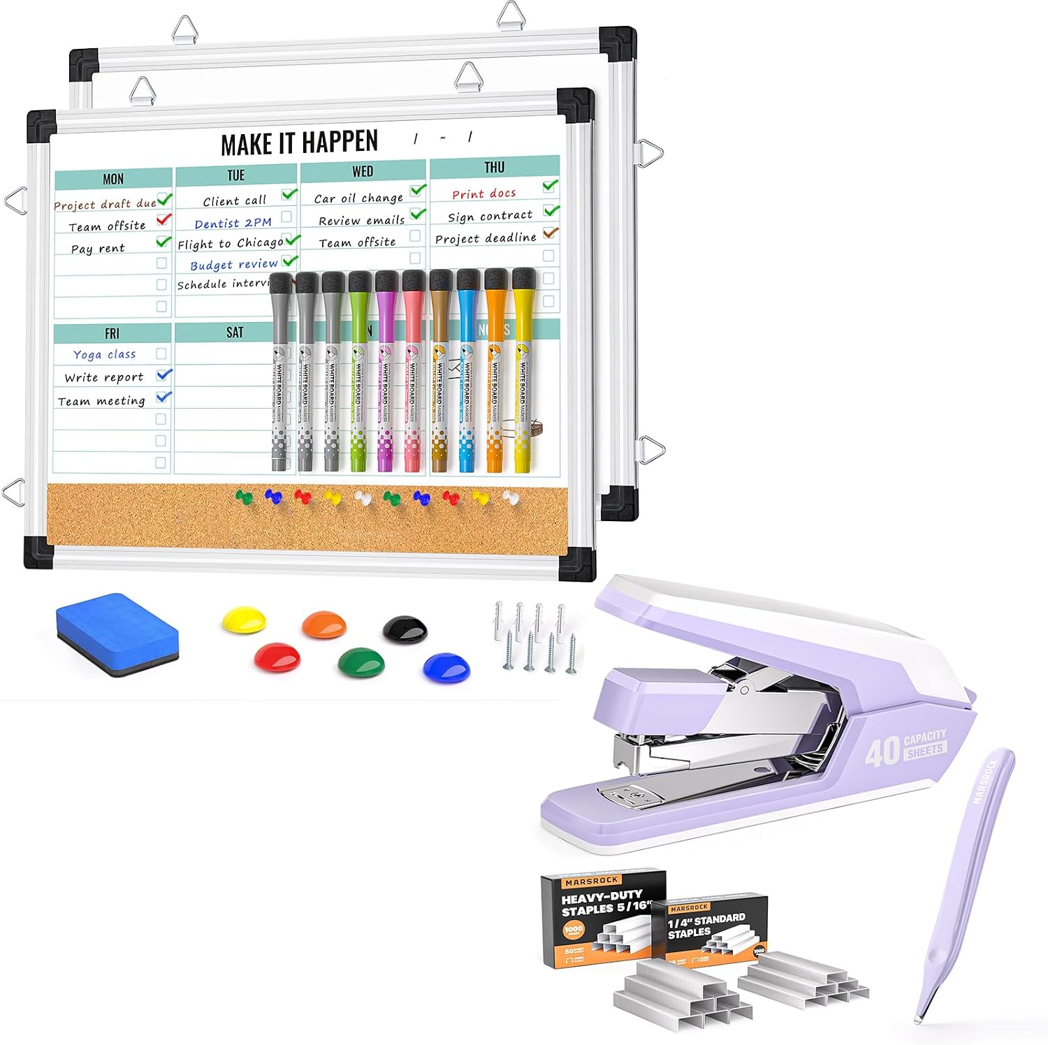 Marsrock Weekly Calendar Whiteboard and Effortless Stapler