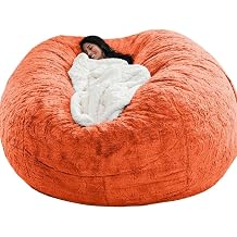 Round Giant Bean Bag Chair Cover for Adults Kids Without Filling, No Filler Living Room Furniture Big Soft Fluffy Faux Fur Lazy Sofa Bean Bag Bed Cover Orange, 5FT