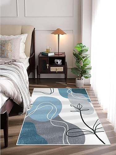 Miniatura 10 de Wonnitar Alfombra bohemia lavable de 5 x 7 pies, color azul grande, no desprende pelusa, abstracta suave, moderna de mediados de siglo, resistente a
