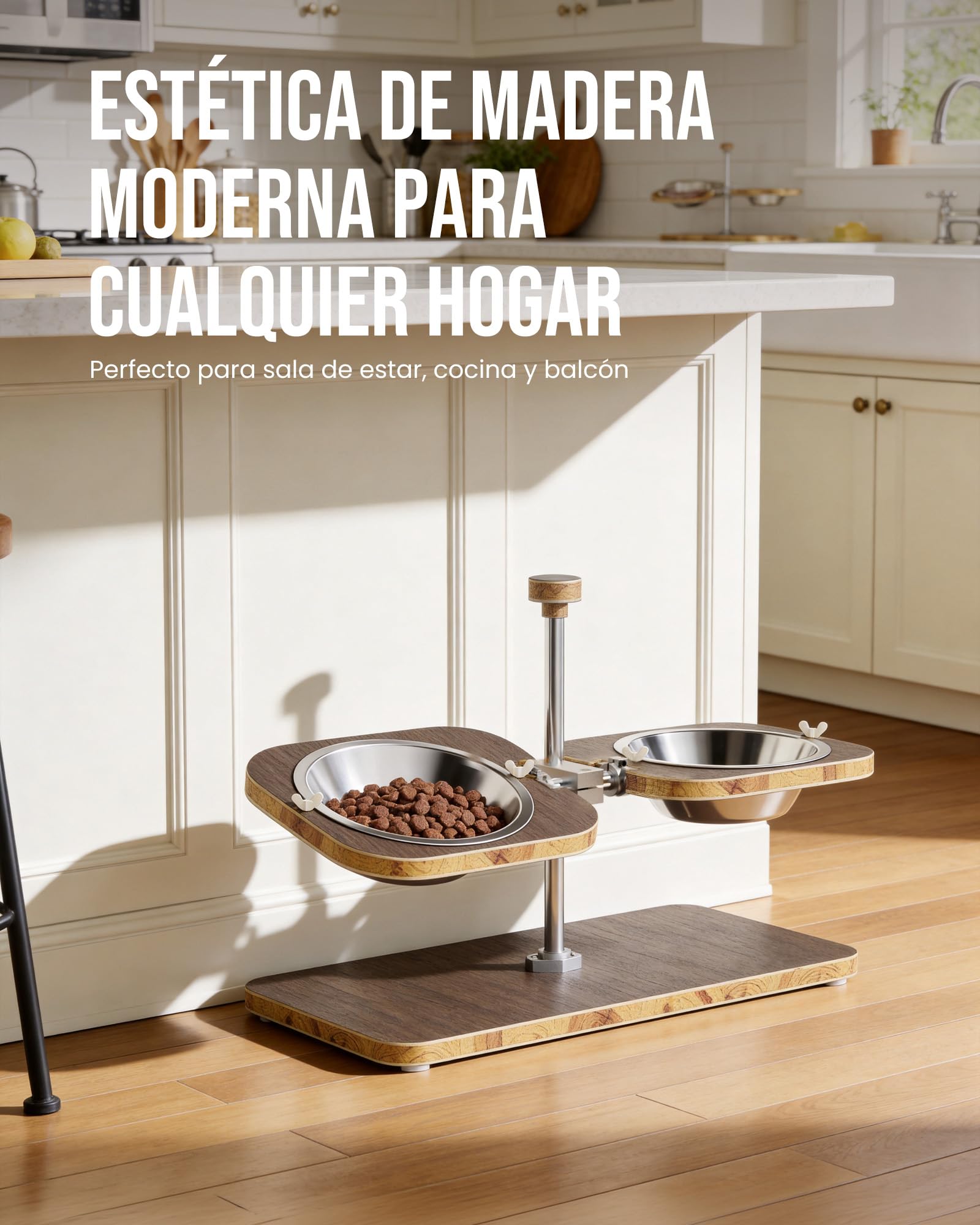 kittyspout Comedero Elevado para Perros con Altura e inclinación Ajustables | Soporte de madera FSC clase E0, 2 cuencos de acero inoxidable aptos para lavavajillas, base antideslizante