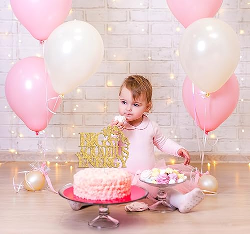 Miniatura 4 de Decoración de pastel de energía de acuario grande con purpurina dorada, feliz cumpleaños acuario en enerofebrero, temporada de acuario, 12