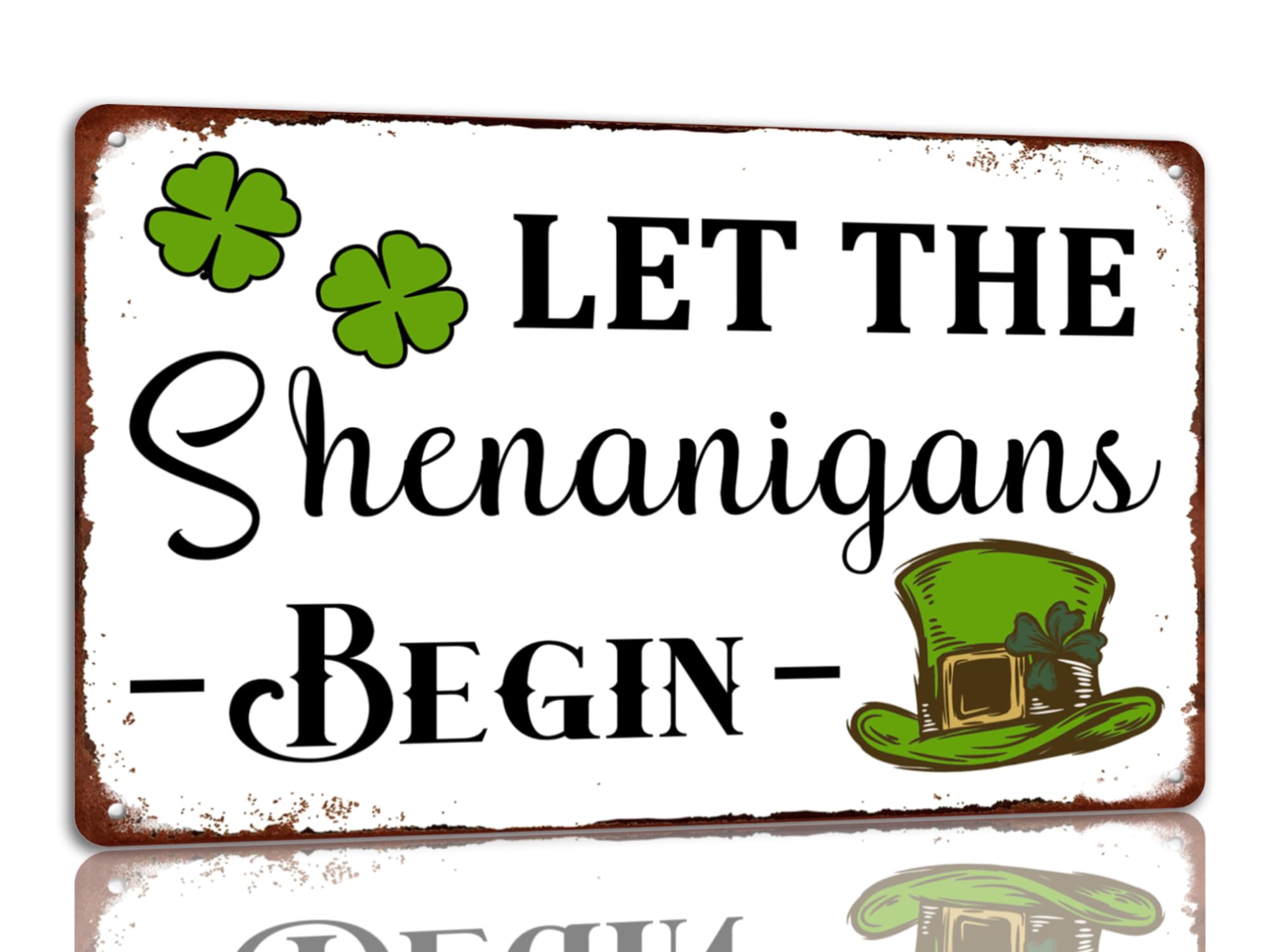 SMAZDFXX St Patrick's Day Tin Sign Let The Shenanigans Begin Metal Signs Irish Holiday Decor Green Shamrock Lucky Clover Wall Hanging Decorations 5.5"x8"